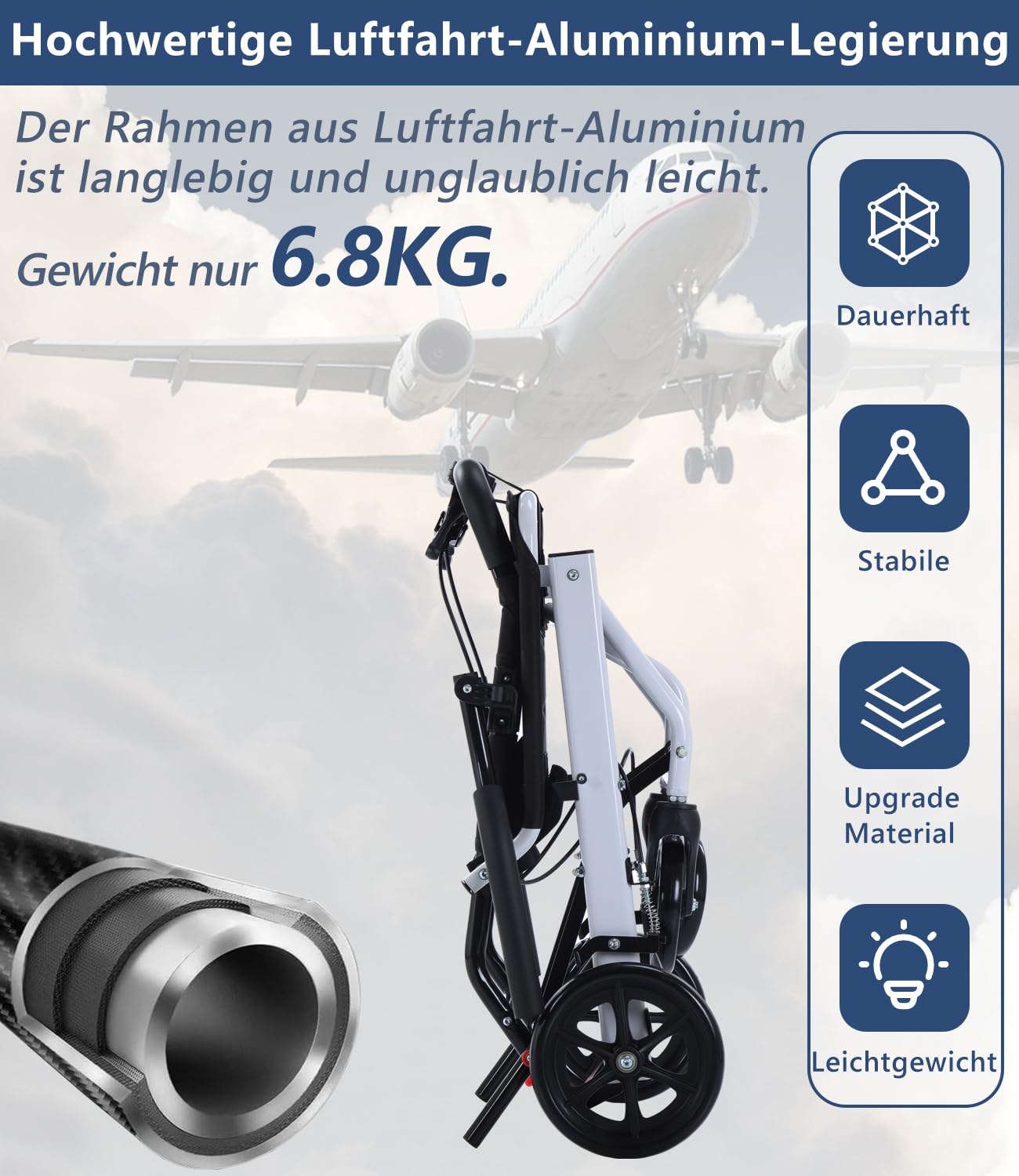 Fauteuil roulant, pliable, pour adultes, 6,8 kg, double freins, léger, pliable, pour personnes âgées, charge maximale : 120 kg