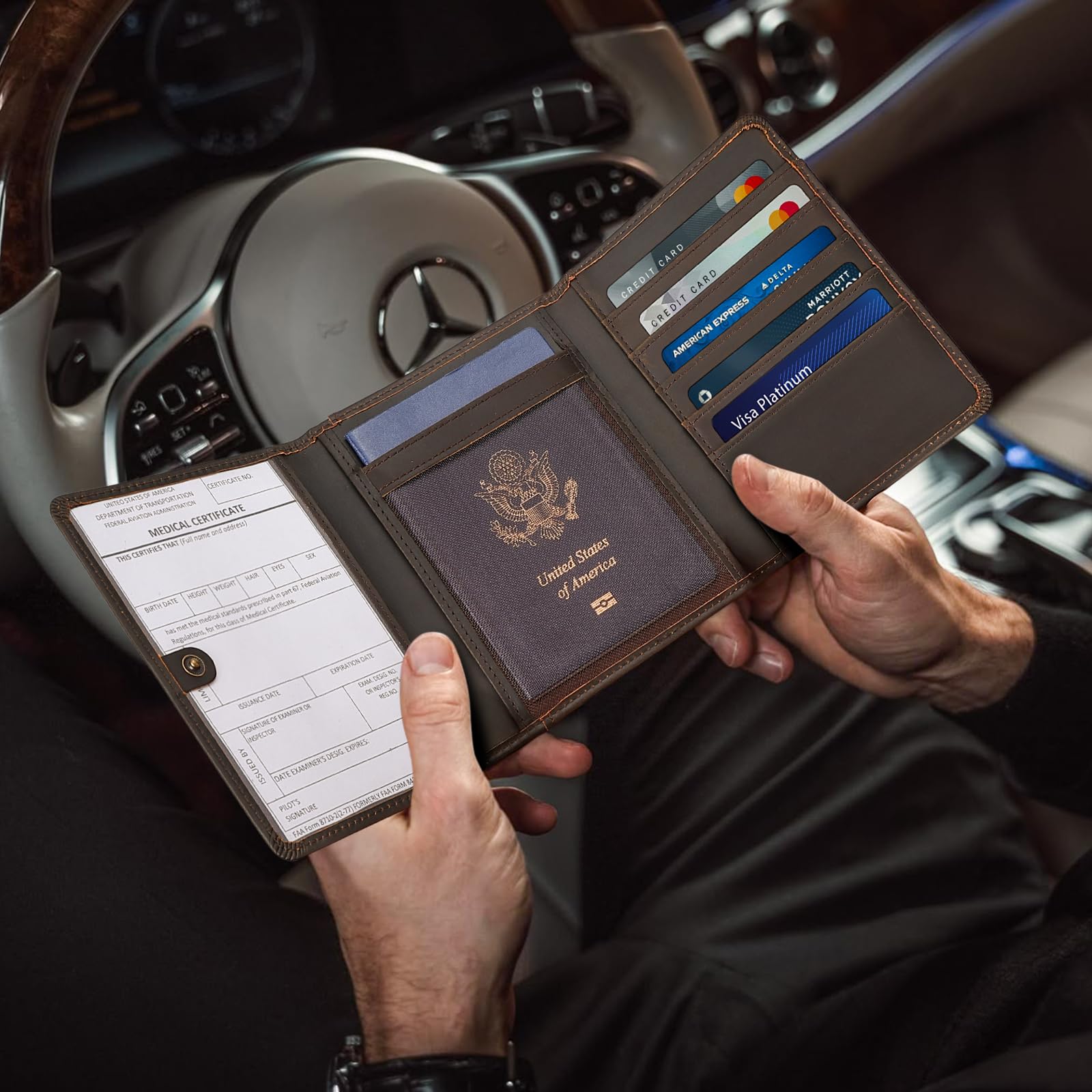 Polare - Cartera de cuero de grano completo para pasaporte, con bloqueo RFID, cartera triple para hombres, organizador de documentos para profesionales de la aviación, Marrón oscuro, Billetera triple