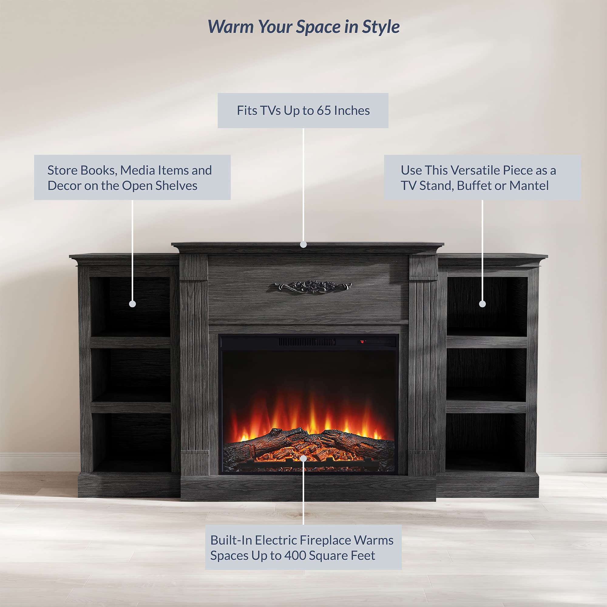 BELLEZE Modern 70 Inch Electric Fireplace Mantel TV Stand & Media