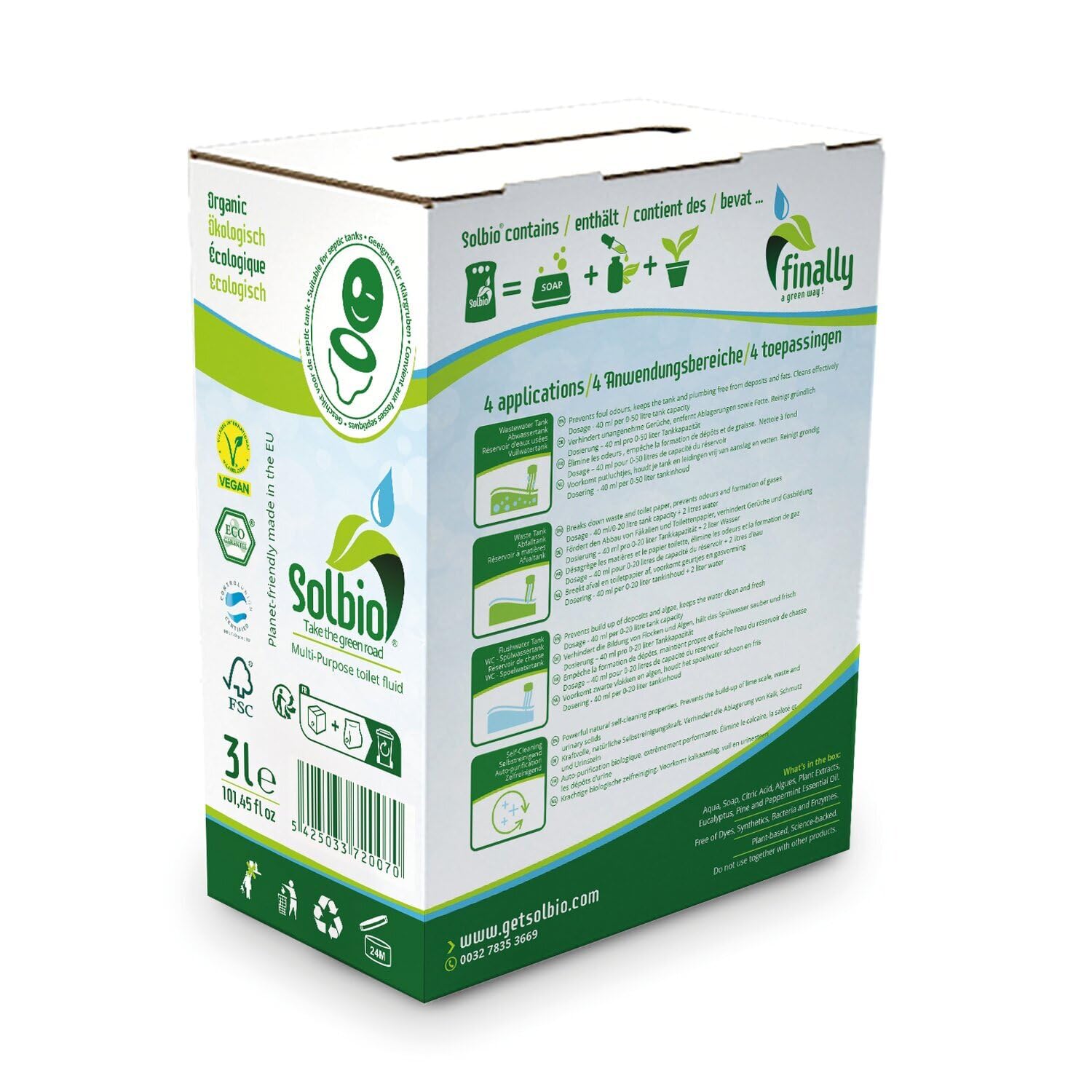 Solbio Líquido sanitario original para inodoro de camping, 3 l, 100% orgánico y vegano, aditivo sanitario biodegradable con aroma a eucalipto, pino y menta