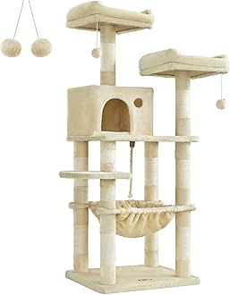 Feandrea Cat Tree, 56.3-Inch Cat Tower for Indoor Cats, Multi-Level Cat Condo with 11 Scratching Posts, 2 Perches, Cave, Hammock, Beige UPCT15BE