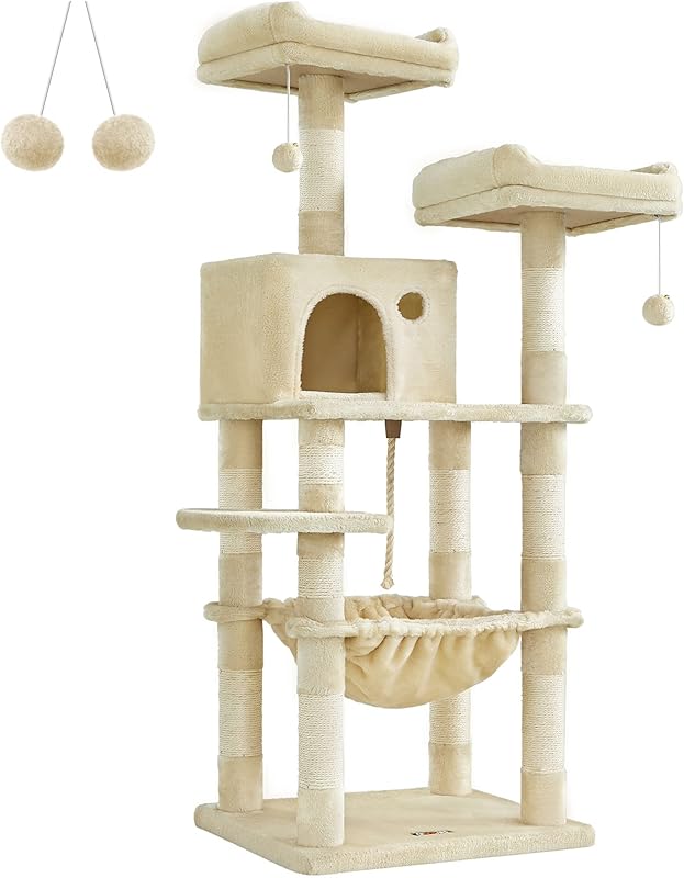 Feandrea Arbre à Chat Hauteur 143 cm, Tour de Jeux pour Chat, avec 11 Poteaux à Griffer, 2 Plateformes, 1 Niche, 1 Hamac, 2 Pompons, en Tissu Peluche, Plusieurs Niveaux, Beige PCT15BE