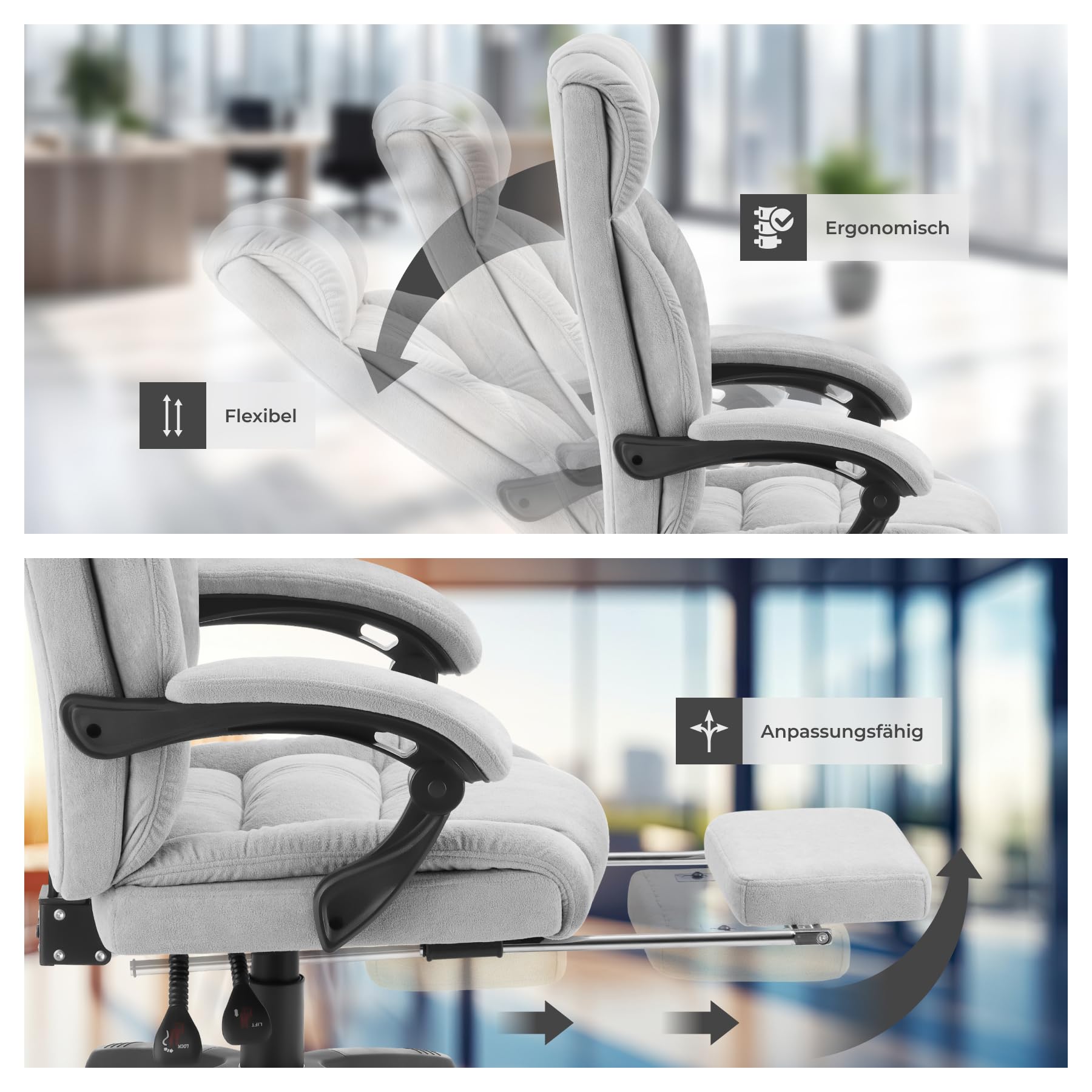 tectake® Bürostuhl ergonomisch, Velour Drehstuhl, Bürostuhl mit Fußstütze, Chefsessel Schreibtischstuhl, Sessel, Gaming Stuhl, Office Chair Ergonomic, Gaming Chair - grau