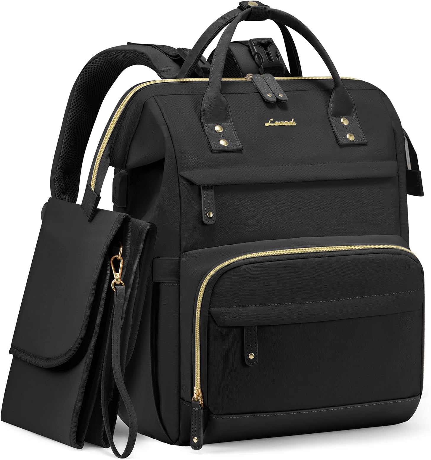 Diaper Bag Backpack, Baby Bag with Changing Station, Large Diaper Backpack for Moms Dads, Waterproof Leather Accents Baby Boy and Girl Bag for Travel Baby Essentials, Black