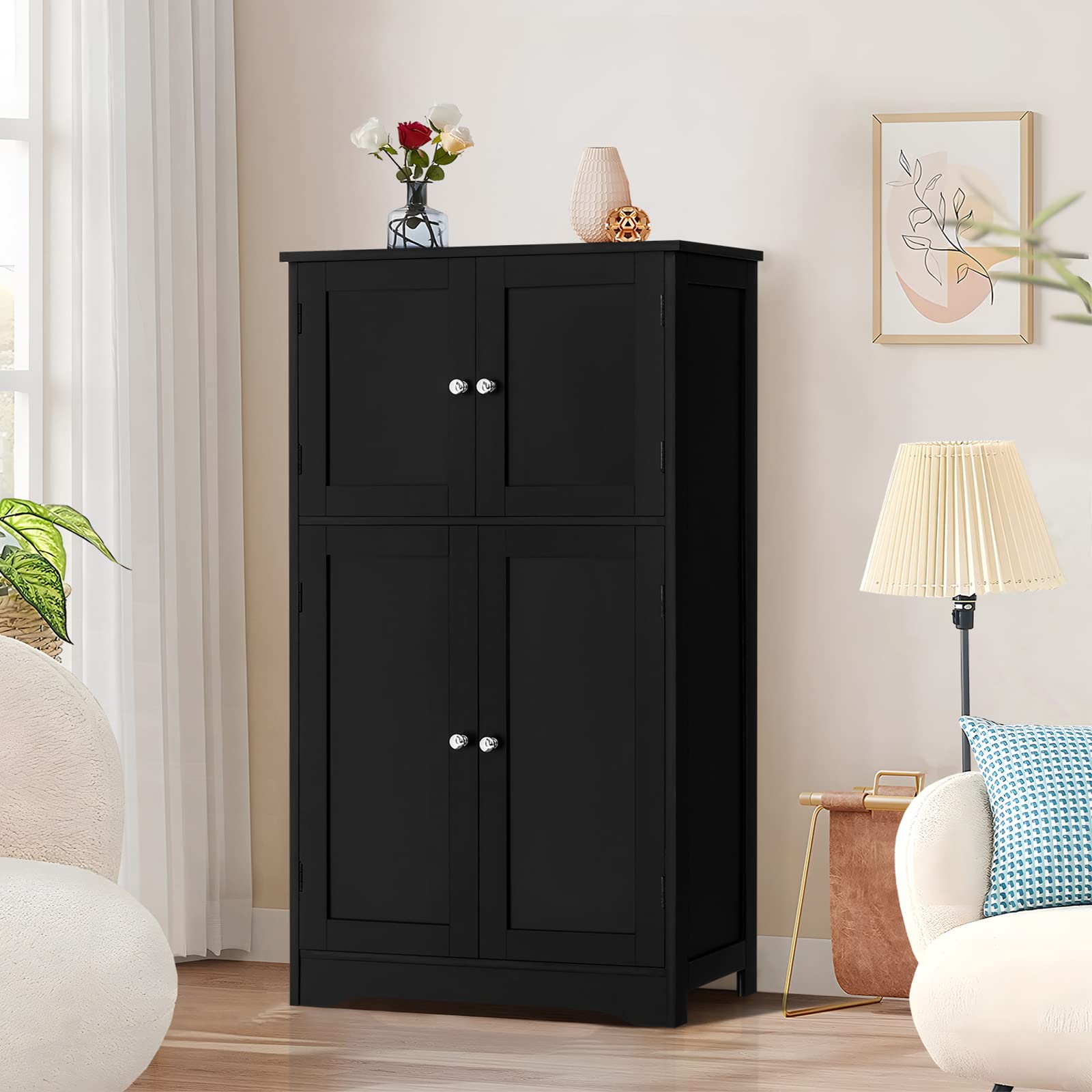 Photo 1 of Iwell Storage Cabinet, Bathroom Storage Cabinet with 4 Doors & Adjustable Shelf, Storage Cabinet for Living Room, Entry, Home Office, Bedroom, Black