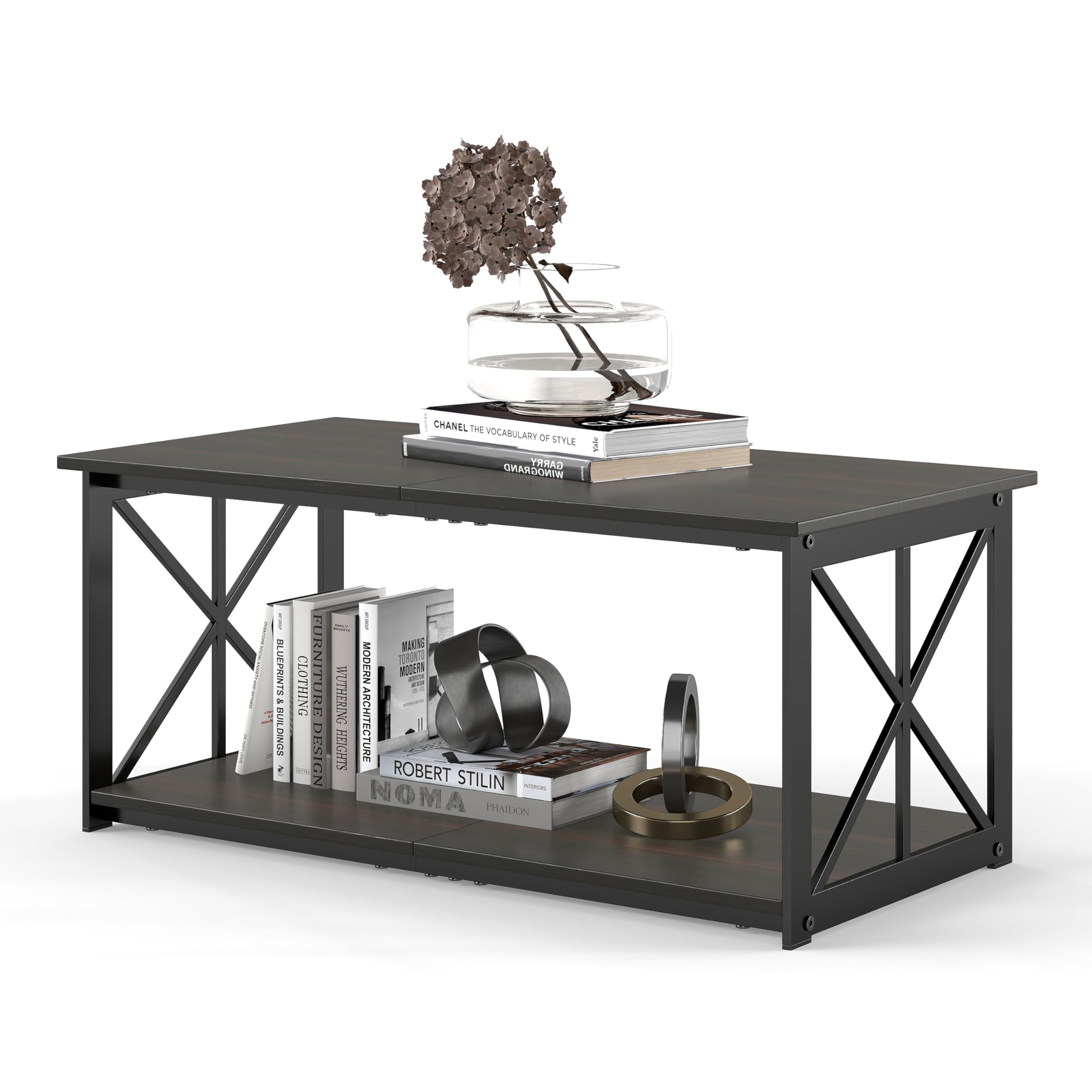 Rectangle Coffee Table for Living Room Wood Rustic Coffee Table with 2 Tier and Metal Frame Industrial Modern