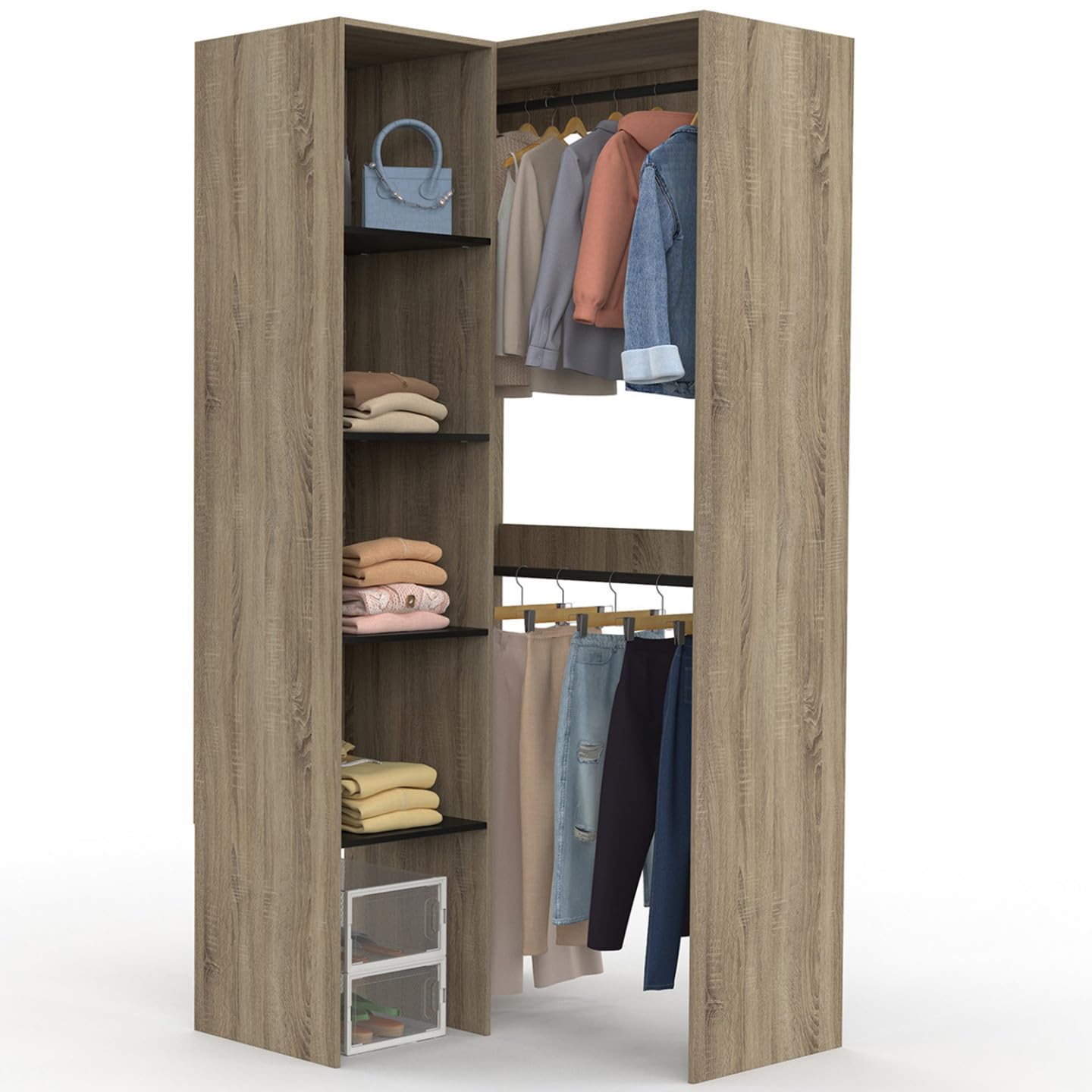 IDMarket - Dressing d'angle modulable L. 90/​127 cm MELMAN double penderie + étagères bois et noir