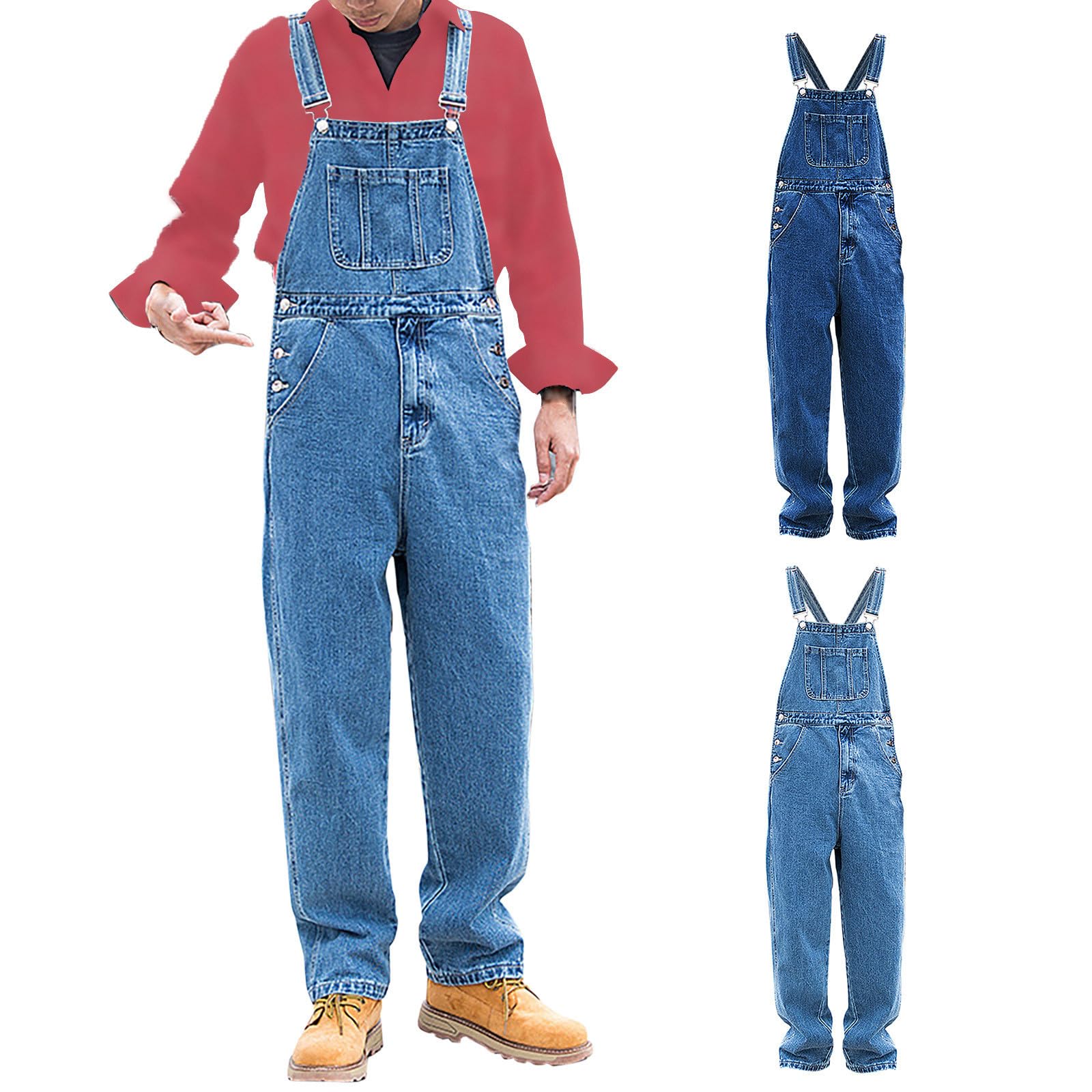 Overol de trabajo para hombre, tirantes ajustables, ligero, ajustado, pantalones de mezclilla lavados a la piedra, pantalones largos hippy, overol de trabajo relajado