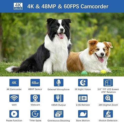 Miniatura 2 de Videocámara de video, 4K 48MP 60FPS IR visión nocturna Vlogging Cámara 18X Zoom WiFi Cámara digital YouTube Grabadora Cámara con tarjeta SD de 32