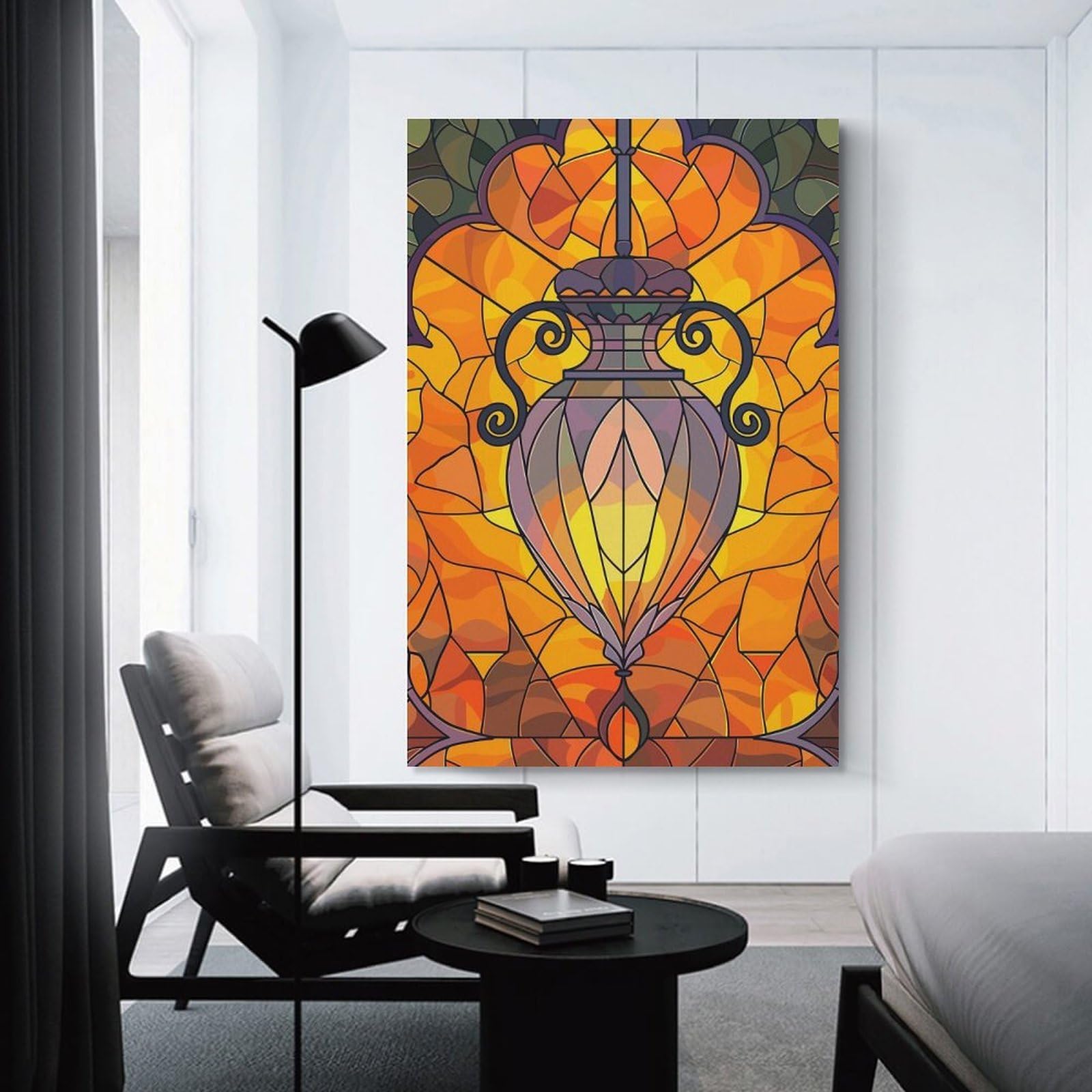 Junmoney Canvas Wall Decor Stained Glass Lantern with Floral Accents, 20x30inch(50x75cm), for Bedroom Decor, Cosy Corners Or Studios, Decorative Wall Art for Cosy Rooms