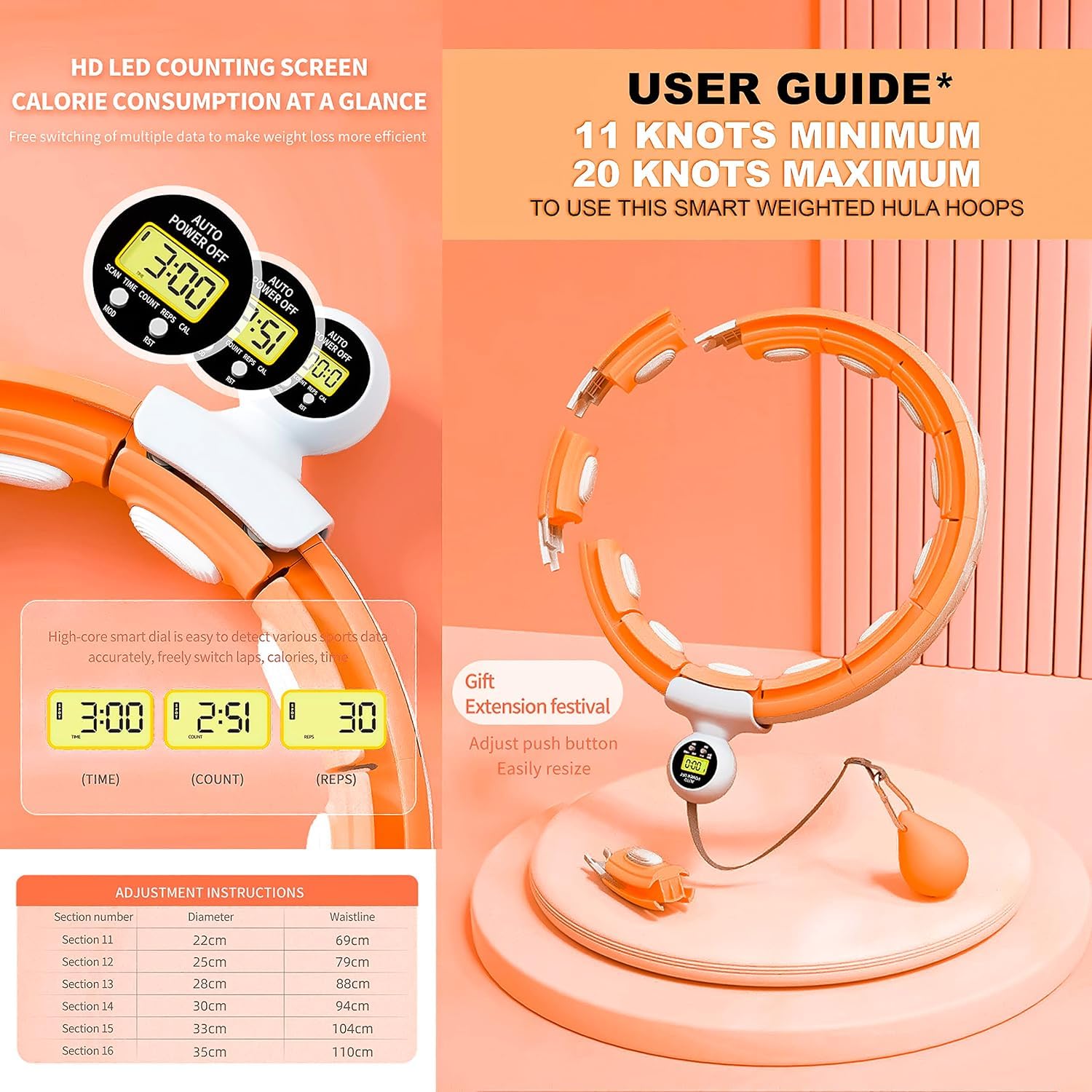 K-MART Hula Ring Hoop Ponderati Intelligenti, Anello Fitness Staccabile, Cerchio Hula con Massaggio con Palla a Rotazione Automatica a 360 Gradi, Ginnastica, Fitness per Adulti, Perdita di Peso,