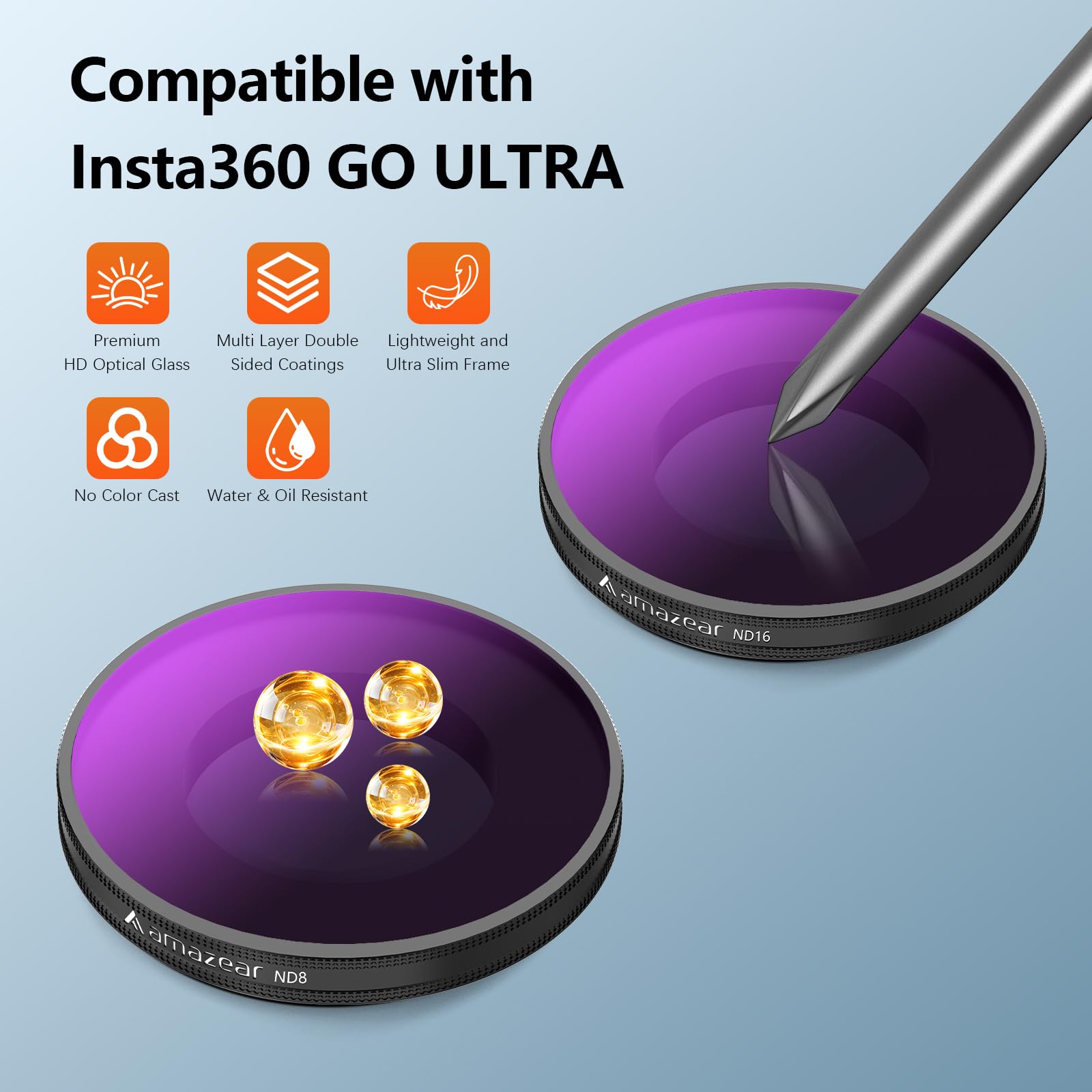 AMAZEAR ND & CPL Filter Set für Insta360 Go Ultra, Insta 360 Go Ultra Zubehör - ND8+ND16+ND32+CPL Objektiv Filter Kit | 4er Pack | Optisches Glas | HD | Ölabweisend | Einfach zu Montieren