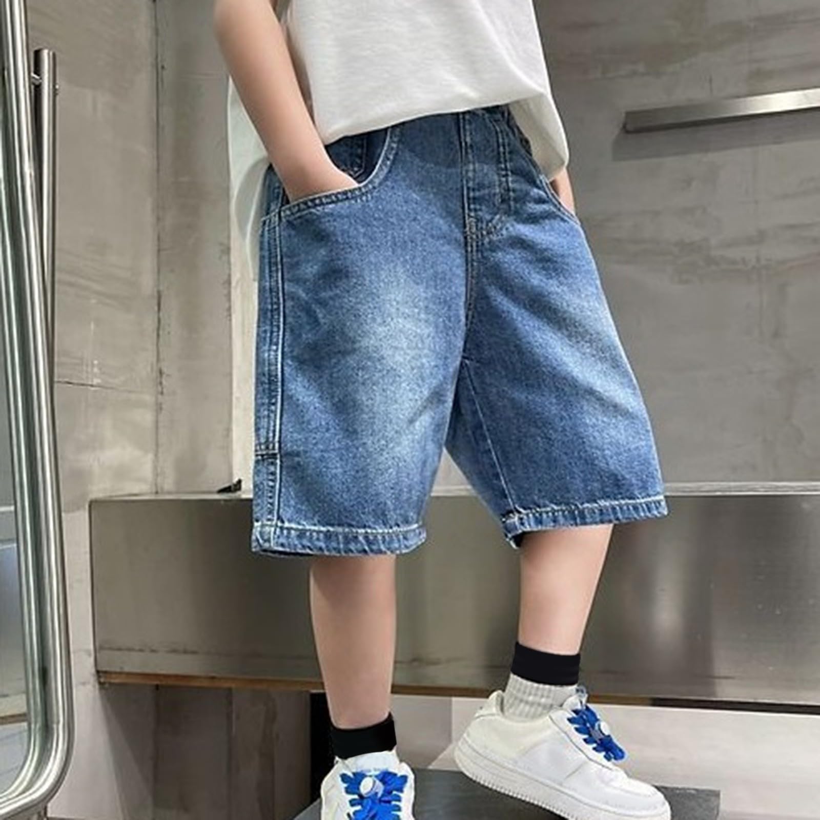 Short baggy en jean pour garçons - Décontracté - Taille élastique - Cargo - Jambe large - Short d'été droit - Longueur genou - Pantalon streetwear pour adolescents