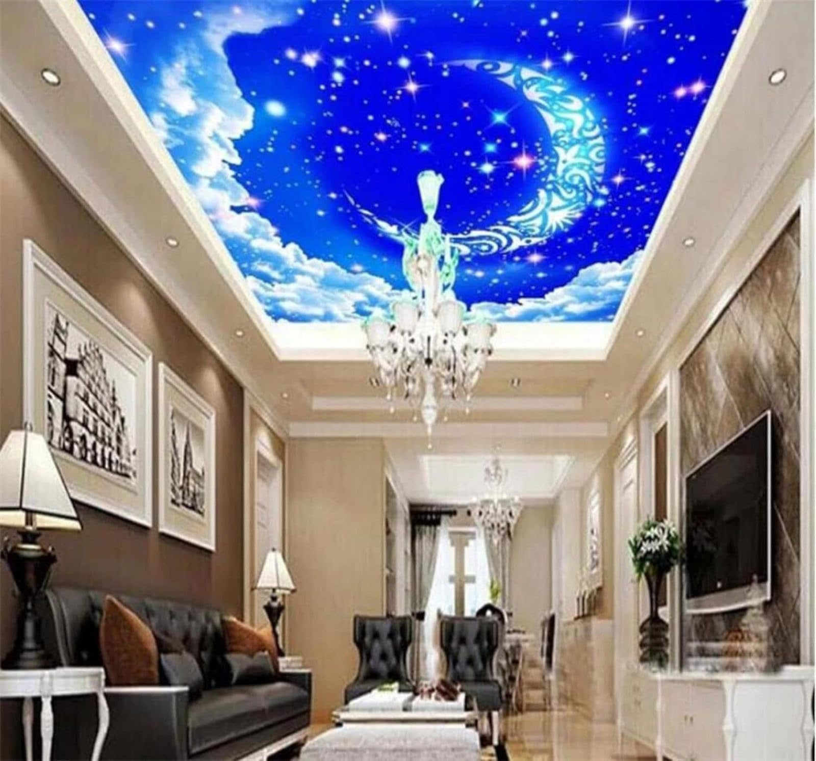 Xlming 250Cm×170Cm(B×H) Cartoon Dreamy Blue Starry Sky Moon 3D Wallpaper Silky Texture Home Study Office Grey Dining Room Sofa Bedroom Living Room Tv Backdrop-250Cm×170Cm
