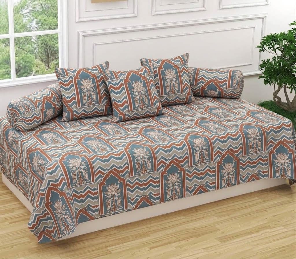 Trance Home Ajrak Blue Diwan Set - 6 Pcs Cotton -30