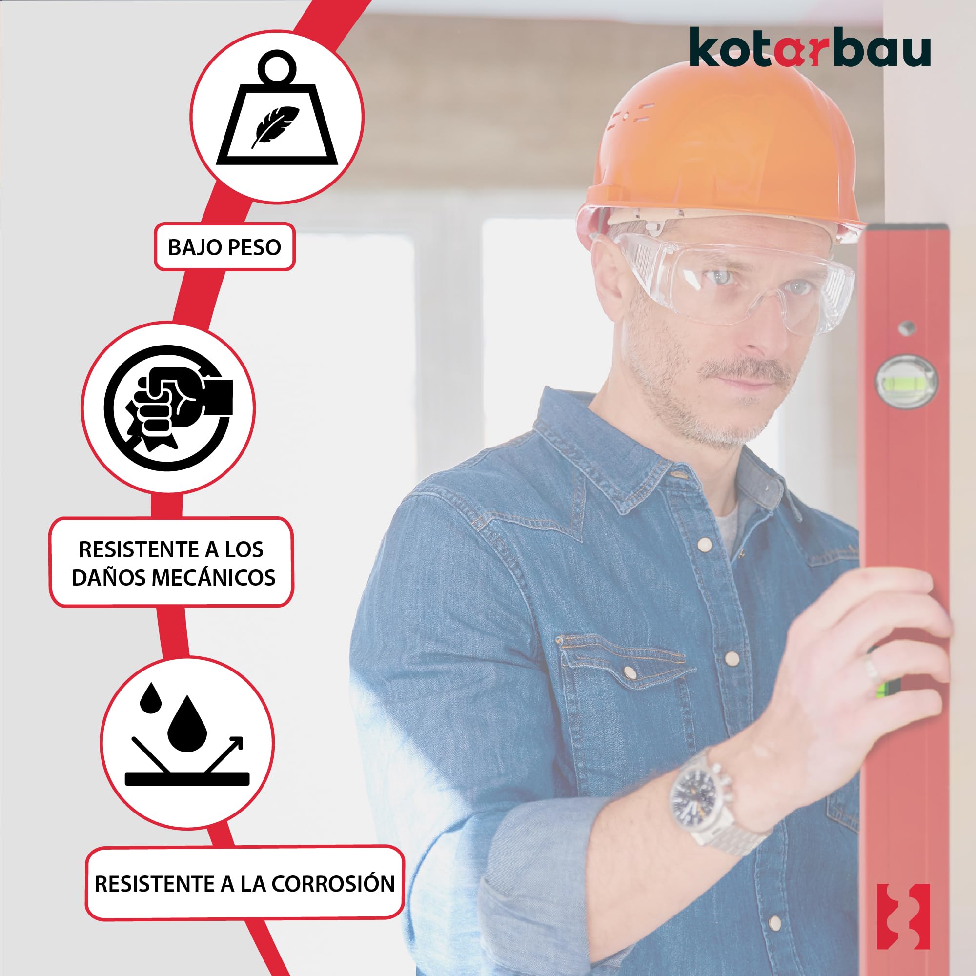 KOTARBAU® Nivel de Burbuja, 150 cm, Aluiminio, Color Rojo, 2 fiolas para mediciones en Horizontal y Vertical, Herramienta de Nivelación