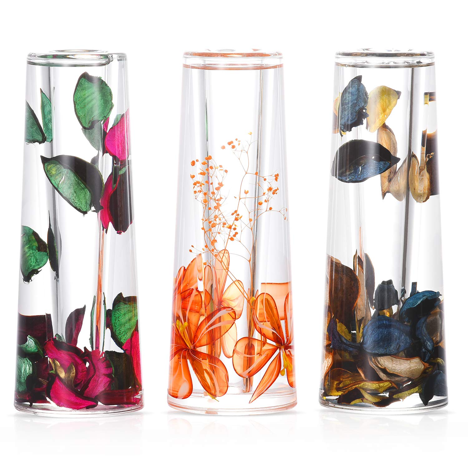 Locco Decor Acrylic Liquid 3D Floating Motion Cylinder Oval Flower Vase Boutique Floral Decoration Blue Gold Leaf