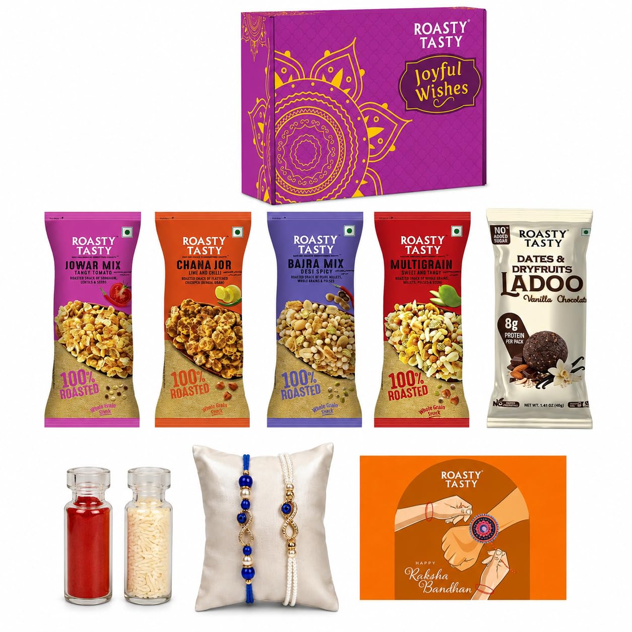 Roasty Tasty Rakhi Gift Hamper | Millet Namkeen Snacks Combo, Quinoa Chikki, Jowar Chikki, Roli Chawal, Happy Rakhi Design Card, 2 Rakhi | Rakshabandhan Gift for Sister | Healthy Snacks | Rakhi Gift for Brother-picture-26