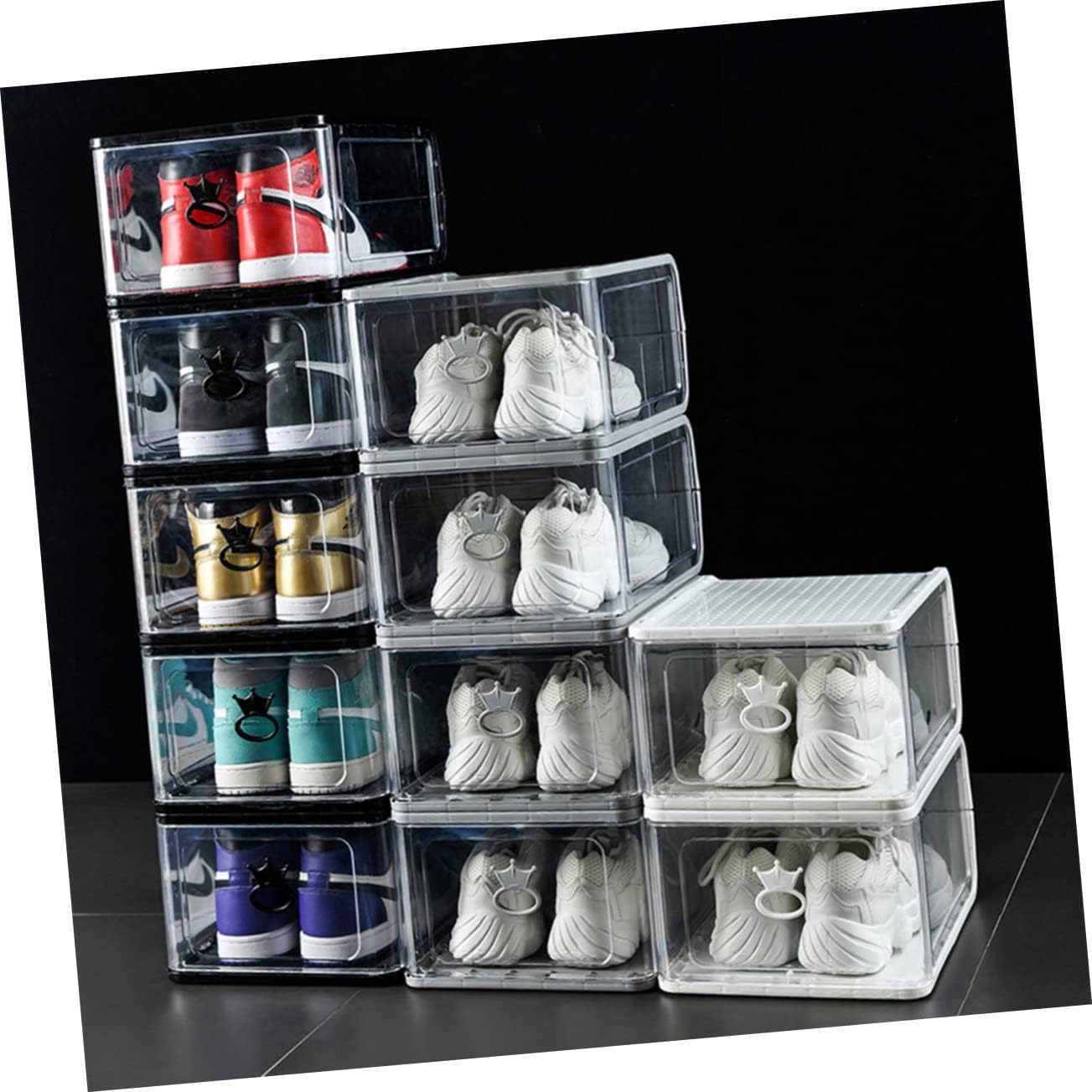 CHILDWEET 5pcs Small Detachable Transparent Shoes Storage Boxes Stackable Plastic Organizer for Home Bedroom Breathable Design for Shoes and Accessories Black