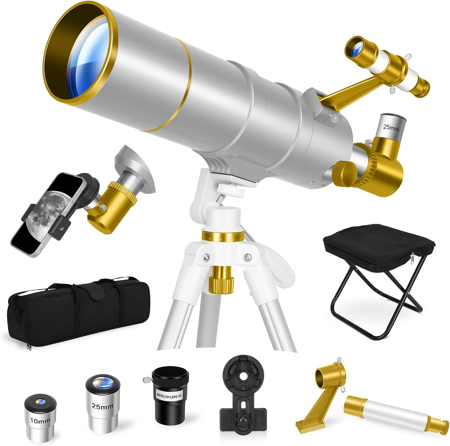 UncleHu Telescope for Adults High Powered, 90mm Aperture 600mm Refractor Astronomical Telescope for Beginners, Portable Travel Telescope Kit with Folding Stool&Tripod&Phone Adapter&Carrying Bag