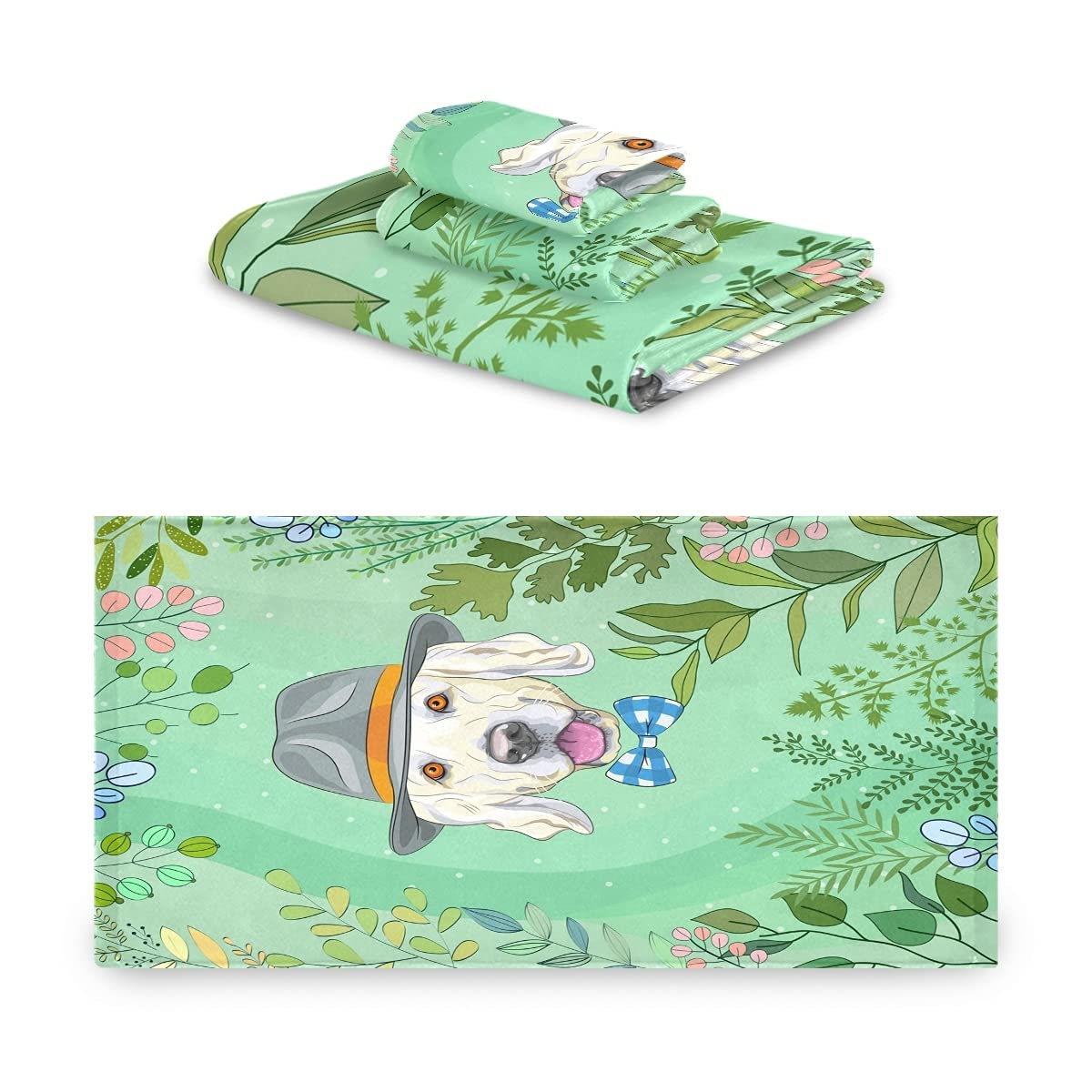 Cachorro De Perro Verde Juego de Toallas para Baño Playa 100% Algodón de Piscina Toalla (1 Toalla de Baño y 1 Toalla de Mano y 1 Paño de Lavado) para Nadar Hotel Niñas Niños Niños
