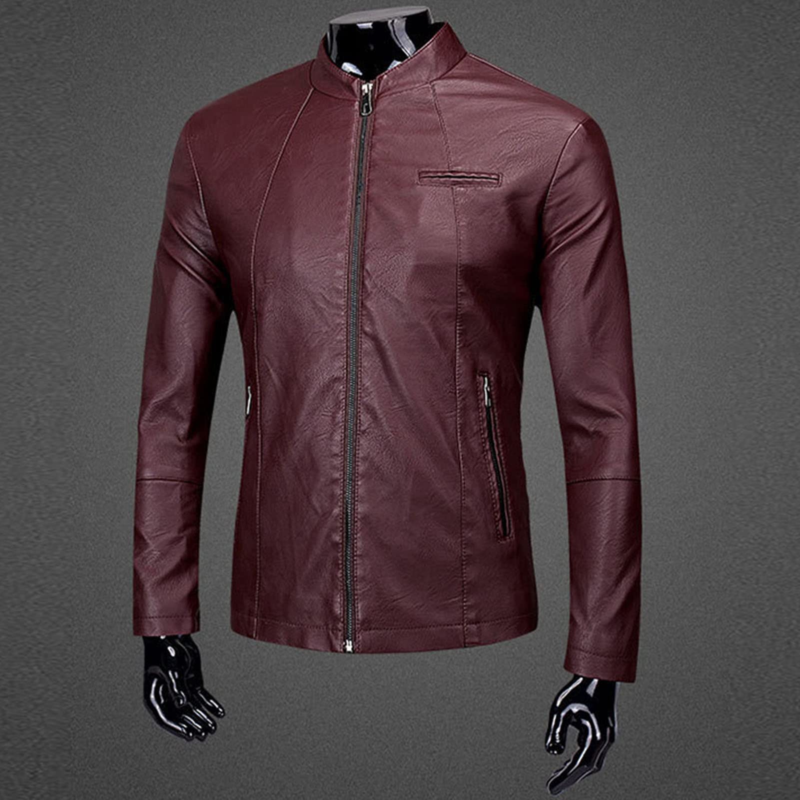 Maiyifu-GJ Men's Faux Leather Lambskin Biker Jacket Winter Warm Motorcycle Outwear Fleece Lined PU Leather Full Zip Jackets (Red,Medium)