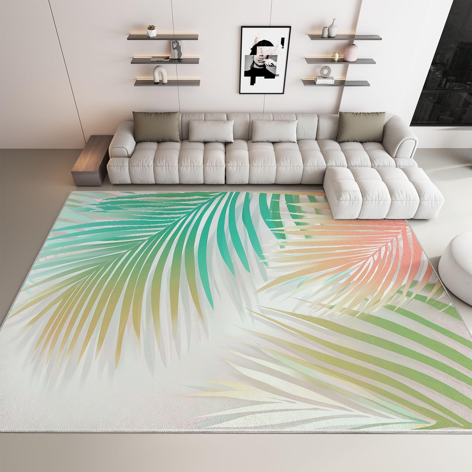 Tapis Salon Feuilles De Palmier Roses Et Vertes 160x230cm Tapis Poil Ras Moderne Doux et Antidérapant, pour Salon Chambre Bureau & Durable & Lavable en Machine