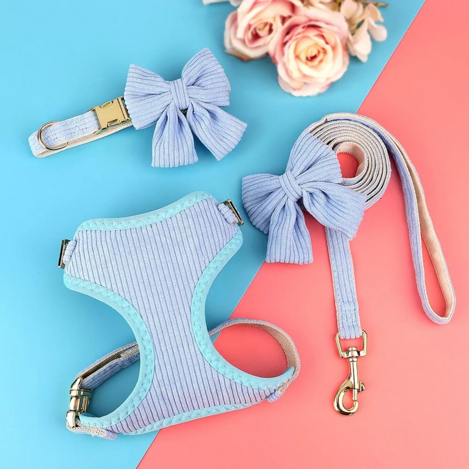 Juego de arnés y correa para perros medianos y pequeños, 3 collares y correas ajustables con pajarita, chaleco acolchado de malla suave transpirable para cachorros y perros pequeños, azul, S