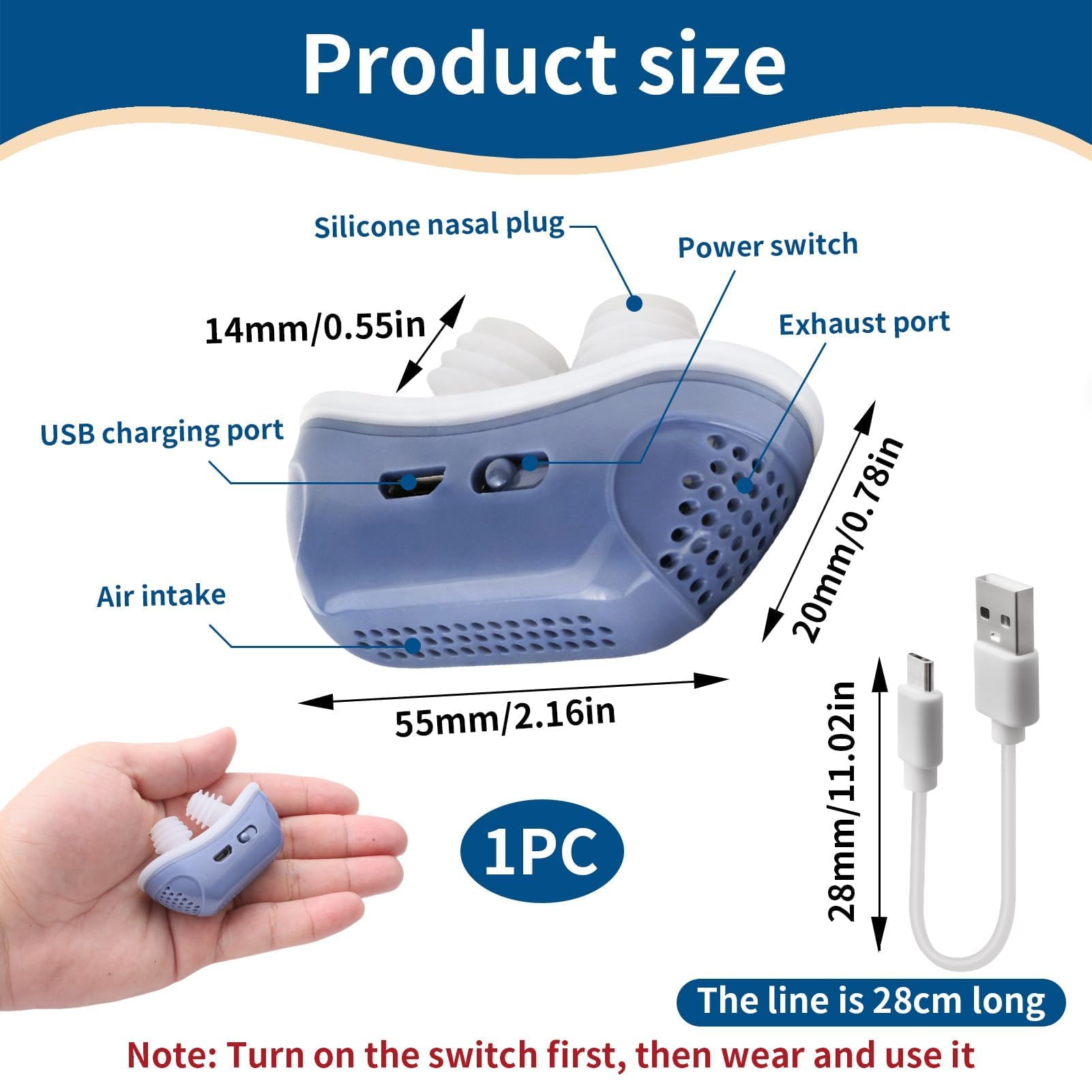 Macchina CPAP per Apnea Notturna Silenziosa, Dispositivo Anti-snoring, Mini CPAP Device, Russare per L'aiuto Addormentato, Migliora la Respirazione e Il Sonno Blue