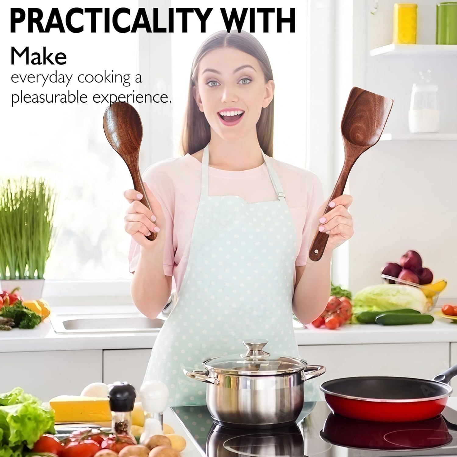 9 Pieces Wooden Spoons for Cooking, Wooden Utensil Set, Wooden Kitchen Utensil Set, With Strainer Spoon, Fried Spatula and Salad Fork, Egg Beater, Utensils Holder (9 Piece Set) - Image 2