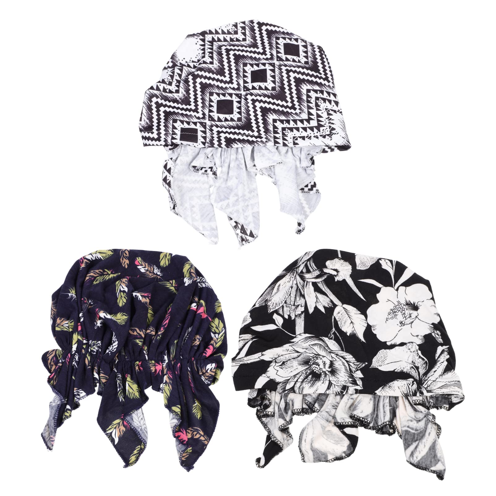 Healifty3pcs Cotton Chemo Hat Turban Beanie Pretied Headwraps Headwear Scarves Covers Stretch Print Sleep Turban Hat Headwear Bandana for Travel Home Supplies As Shown