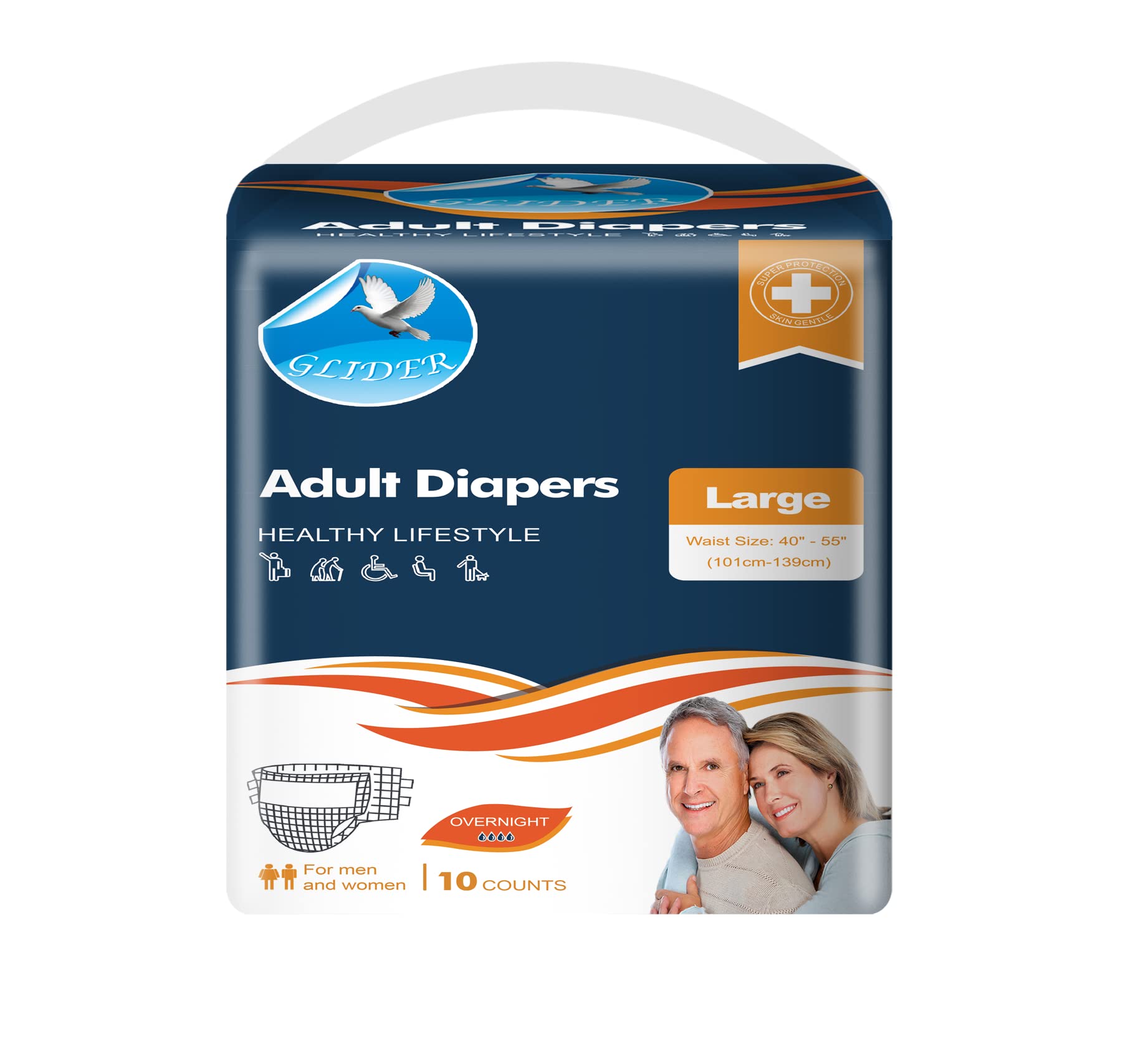 Glider Adult Diaper LARGE with WETNESS INDICATOR & OVERNIGHT SUPERIOR ABSORBENCY - 40-55 Inch, 101-139 cm (Pack of 1 (10 Count))