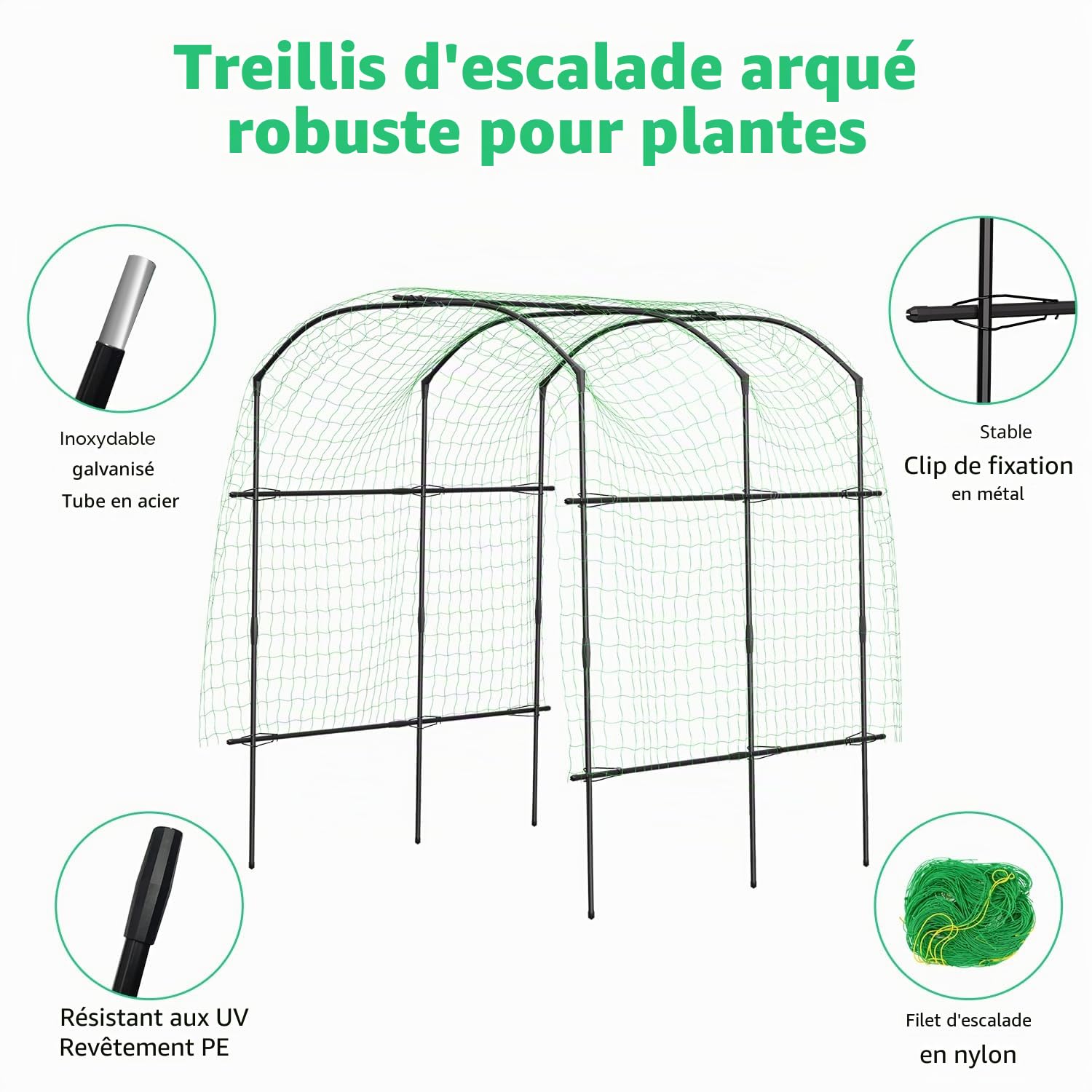 SUNYRISY Arche de jardin métallique revêtue de PE - 220 cm - Tuteur pour concombres, fleurs et pois