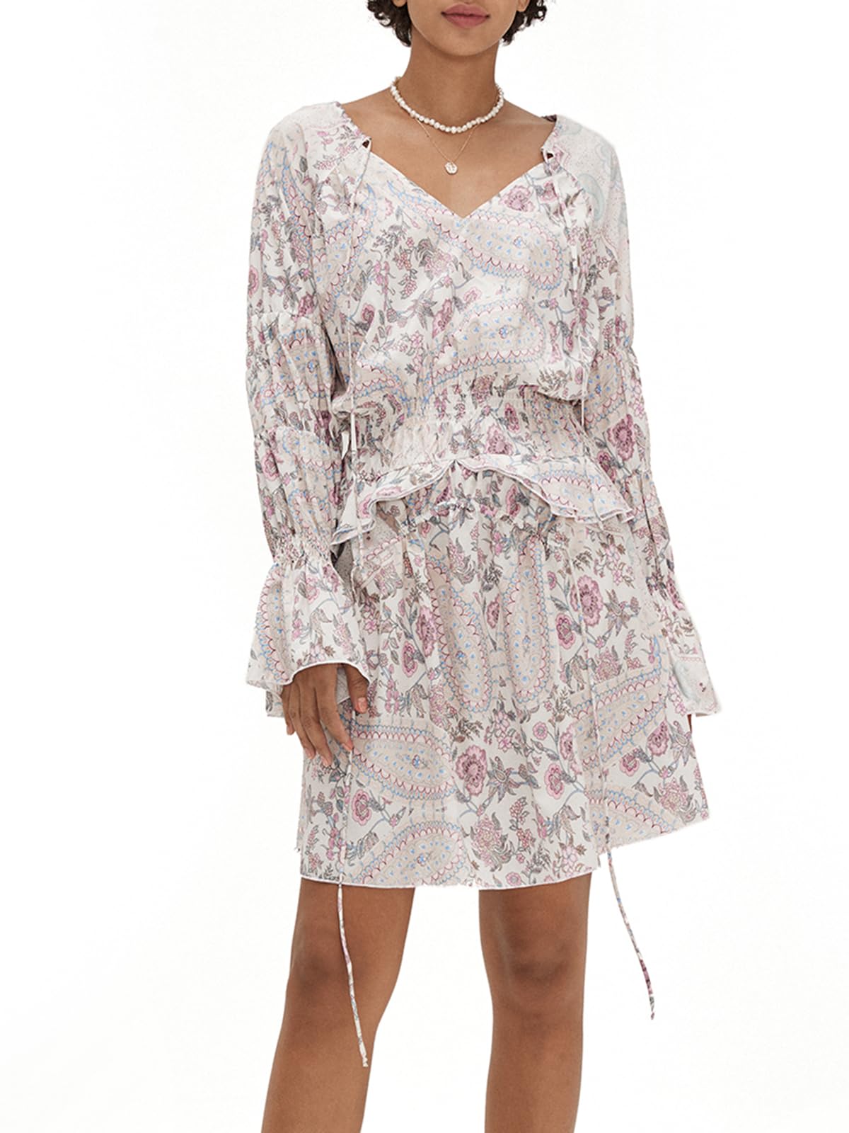 Floral Boho Dress for Women Long Bell Sleeve V Neck Mini Dress Smocked ...