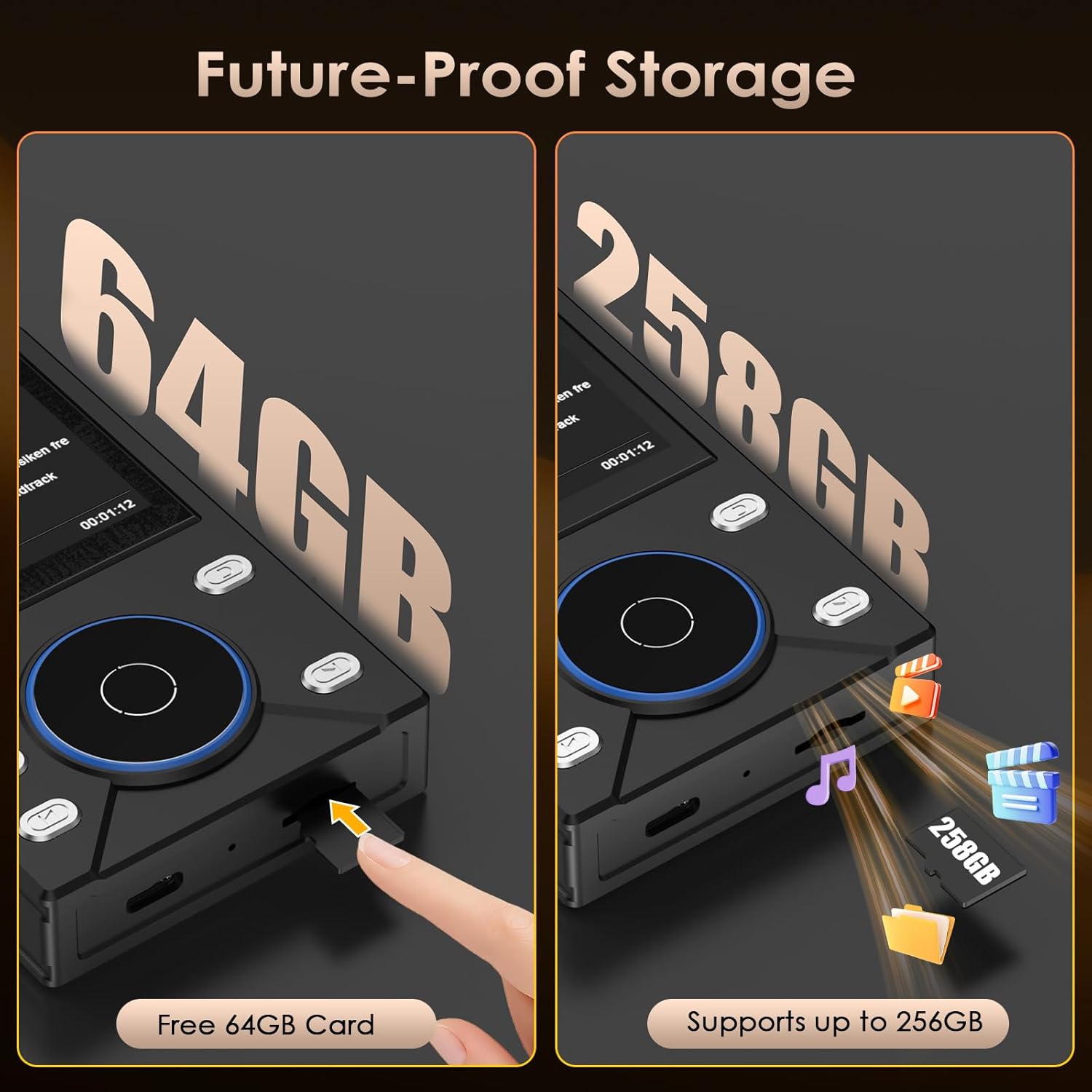Image showing the MP3 player with a 64GB TF card being inserted, and another image indicating support for up to 256GB expansion.