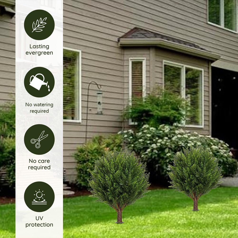 2 Pack Artificial Cedar Topiary Ball Trees - 19" UV Resistant Faux Plants With Ground Spike
