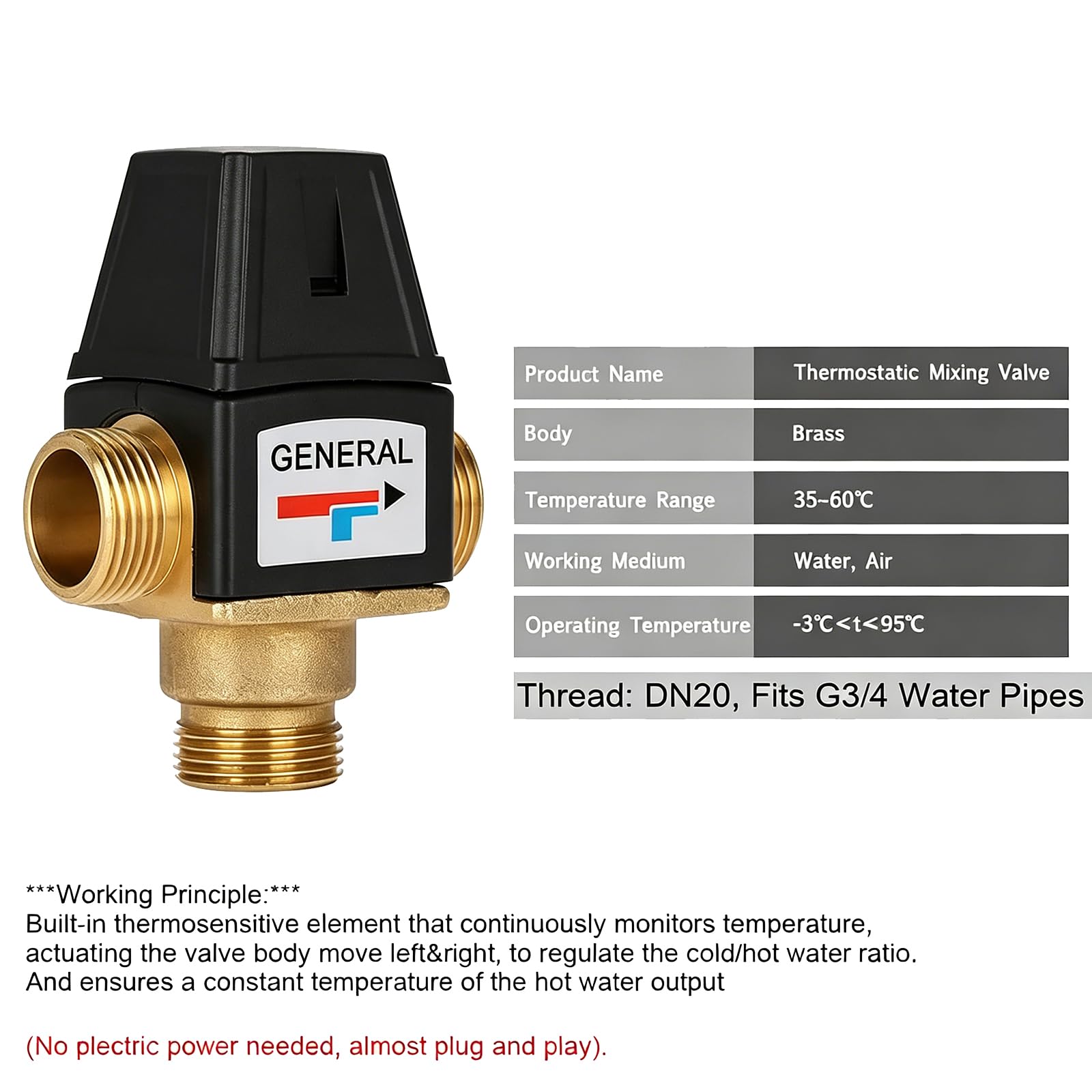 Valvola Miscelatrice DN20 per Scaldabagno, Valvola Miscelatrice Termostatica, Interruttore Automatico Dell'Acqua Calda per Doccia In Ottone, 35 A 60 ℃, per Rubinetto da Bagno E Cucina (Maschio)