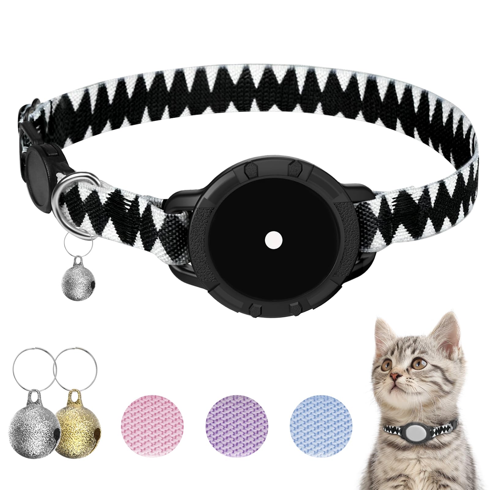 AirTag Cat Collar, Stretchy Kitten Collar with Apple Air Tag Holder and Bell, Breakaway Design Ultra Elastic GPS Tracking Cat Collar for Cats and Puppies (Shark Pattern) — image 1