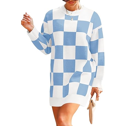 ZESICA Women's Casual Long Sleeve Tunic Sweater Dress Crew Neck Plaid Knit Oversized Pullover Jumper Tops