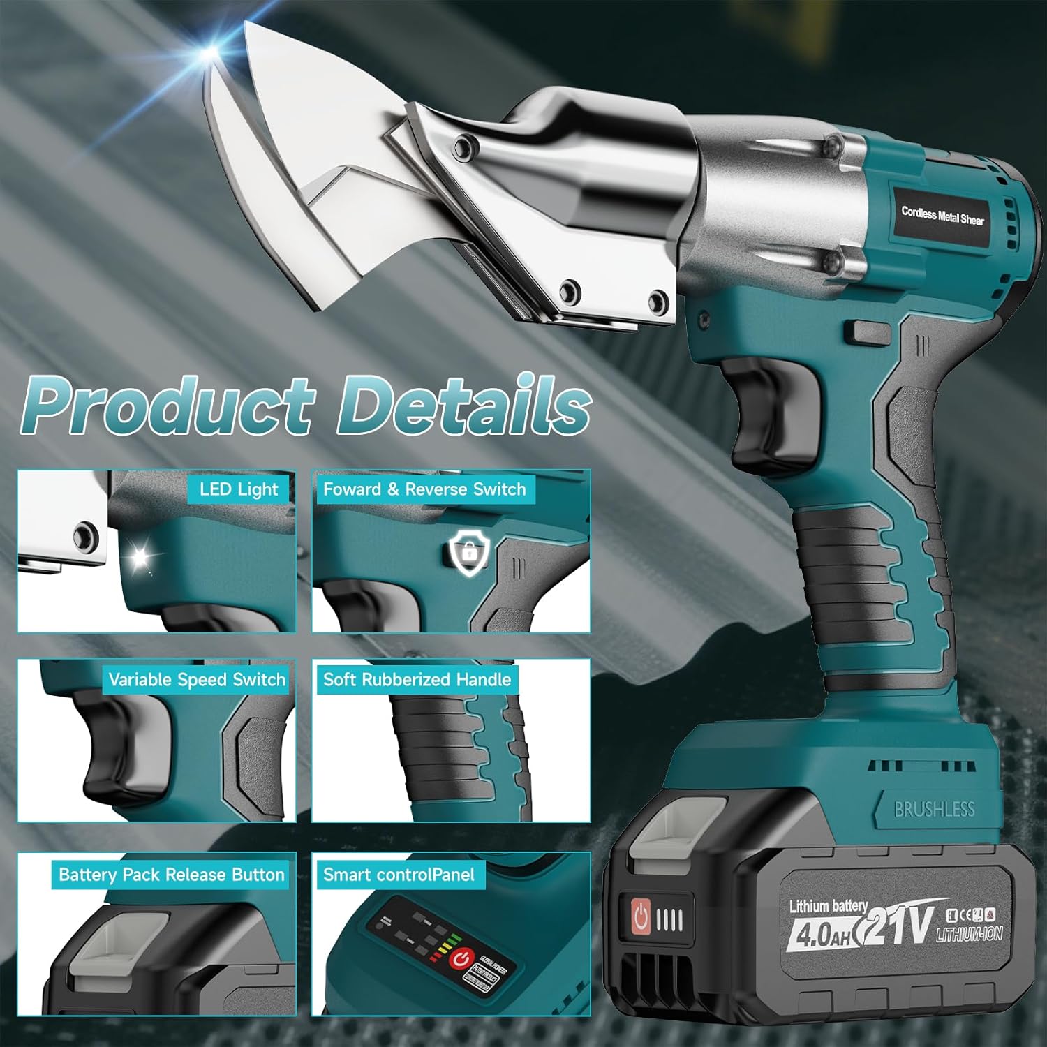 Cordless Sheet Metal Cutter, Metal Cutting Shears with 2×4.0Ah Battery, 360° Pivoting Head Brushless Variable Speed Electric Metal Shears Tool for Cutting Stainless Steel & Iron & Cardboard