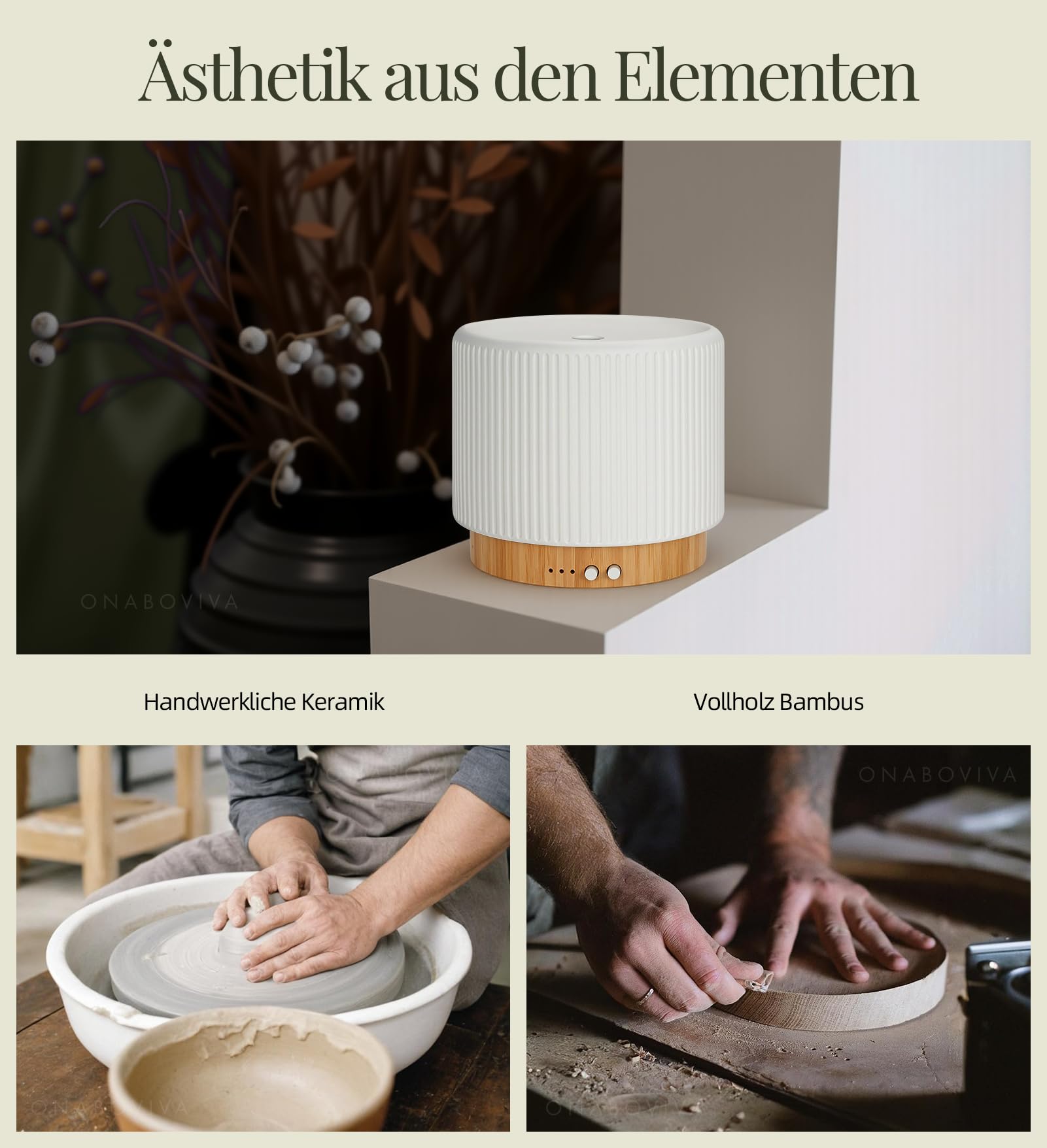 Aroma Diffuser – 280ml Ultraschall Diffusor für ätherische Öle mit Luftbefeuchtung und Schlaf-Nachtlicht aus Keramik & Bambus, Auto-Off, BPA-frei, geräuschlos, ideal für Zuhause, Büro und als Geschenk