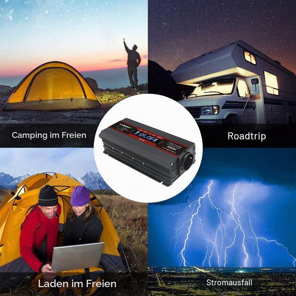 LVYUAN Wechselrichter 12V 230V 2000W Spannungswandler Power Inverter mit 2 USB LCD Alligatorclip Zigarettenanzünder Stecker Stromumwandler für Auto KFZ Wohnwagen LKW