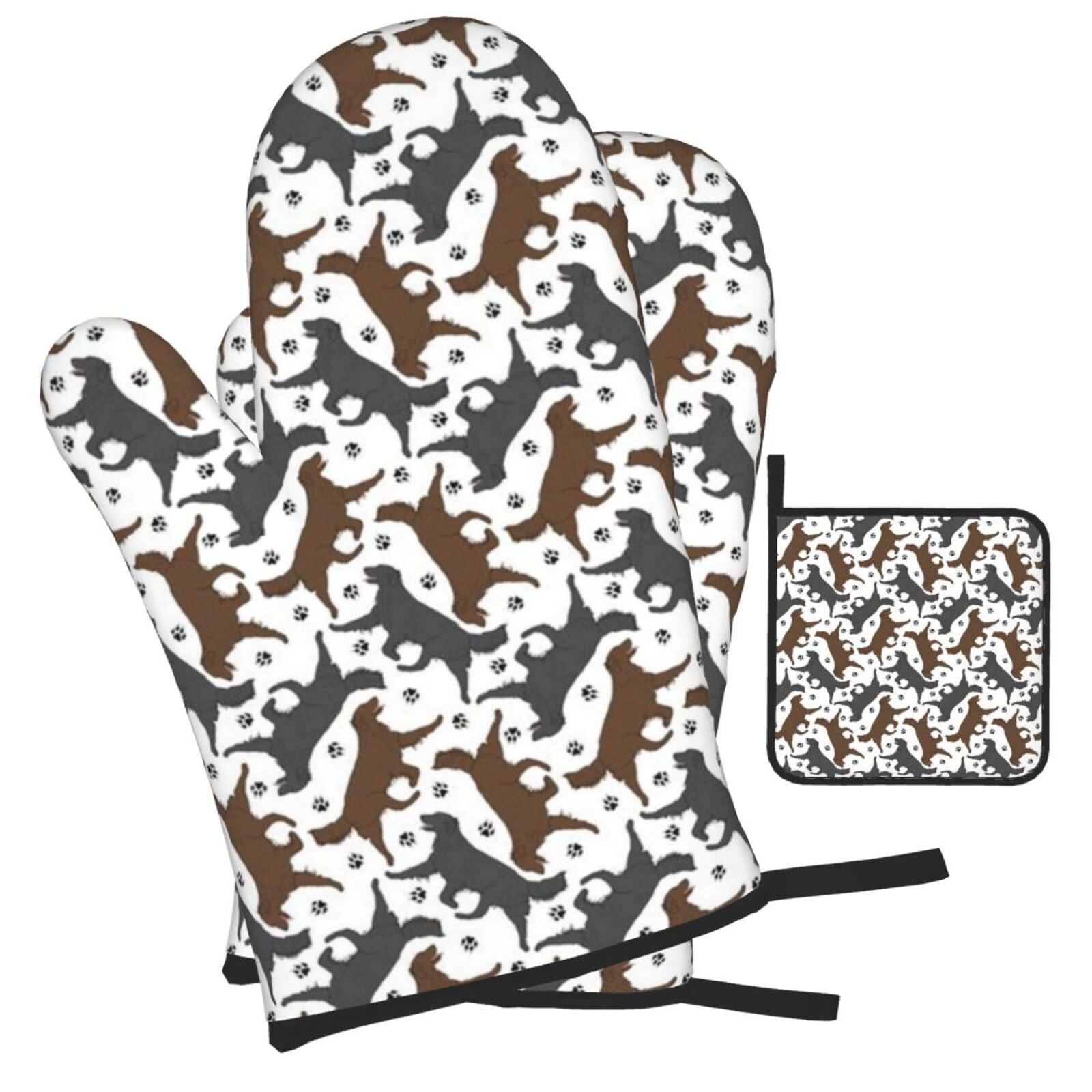 Trotting Flat Coated Retrievers Paw Printed Oven Mitts and Pot Holders Heat Resistant Set of 3 Pcs, Modern Kitchen Gloves & Potholders for Cooking Baking Grilling