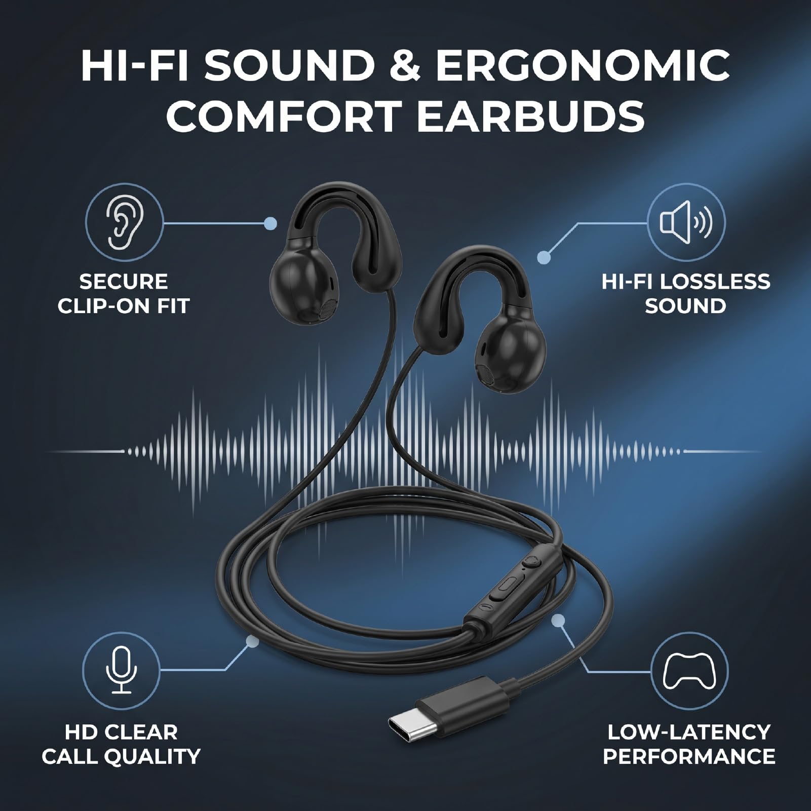 Przewodowe słuchawki Clipsowe z mikrofonem, dźwięk HiFi do gier | Ergonomiczne słuchawki z otwartymi uszami o niskim opóźnieniu do połączeń muzycznych