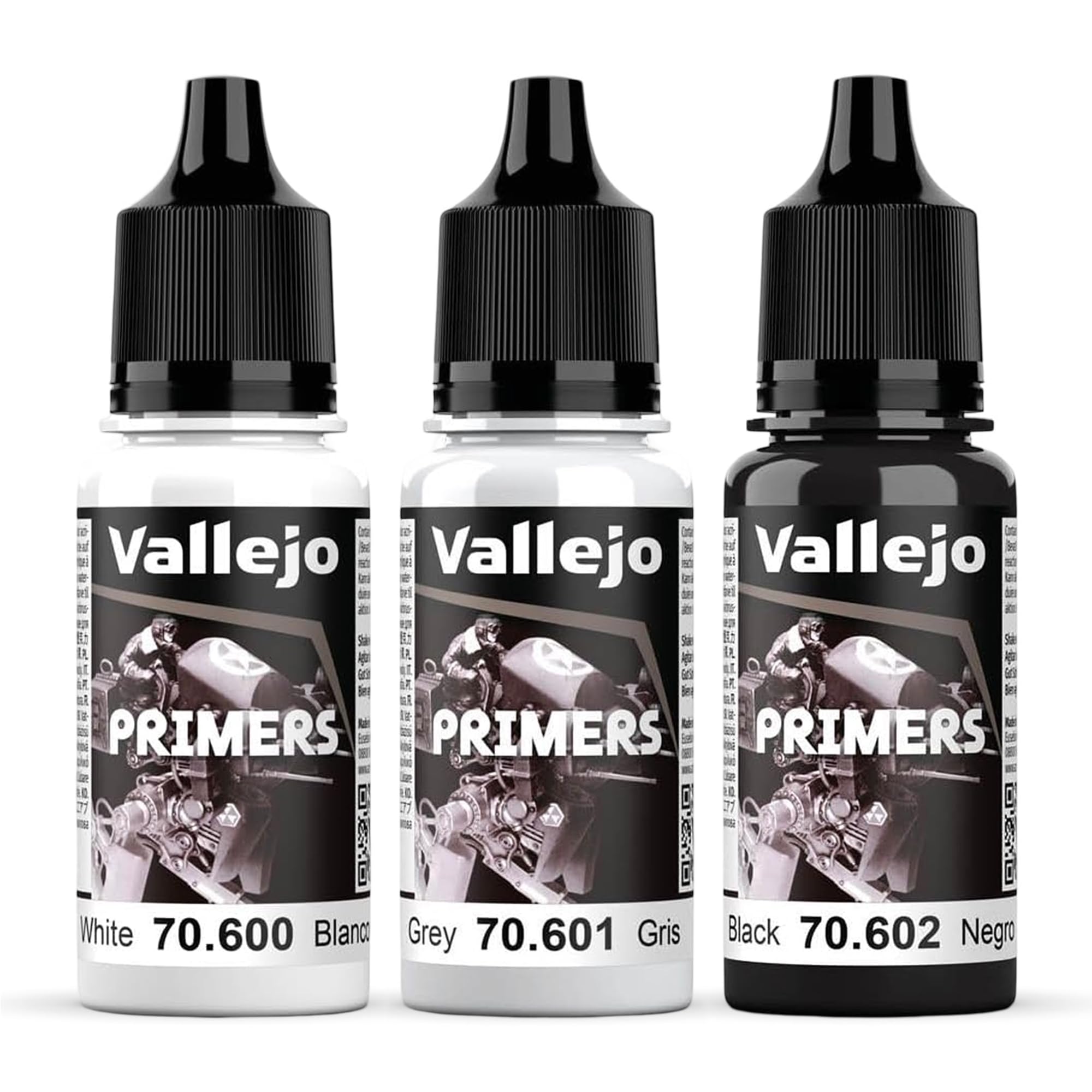 Vallejo Acrylic Polyurethane Surface Primer | White, Grey & Black 18ml 0.6 fl oz Bottles (with Eyedropper) | Fast-Drying, High Adhesion Primer for Miniatures & Scale Models