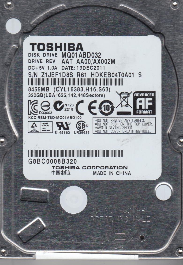 Toshiba MQ01ABD032, AA00/AX002M, HDKEB04T0A01 S, 320GB SATA 2.5 Disco Duro