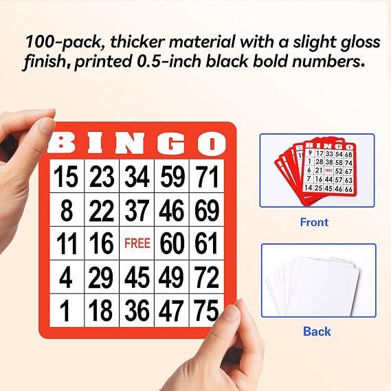 GSE Bingo Game Cards with Easy-Read Numbers, 100 Reusable Bingo Sheets Set