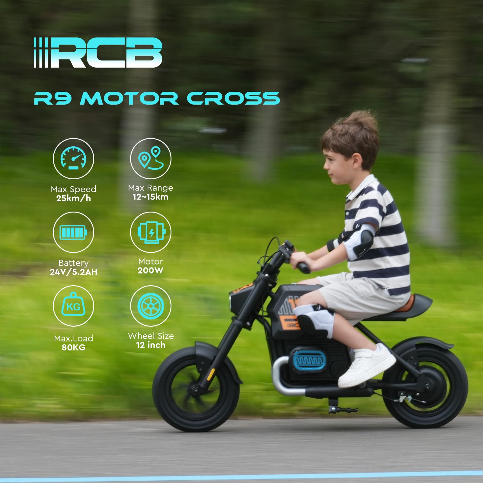 RCB R9 Kinder-Elektromotorrad, Elektro Motorrad mit Lautsprecher, 10/15/25KMH&15KM Reichweite, Stimmungsbeleuchtung, 12-Zoll-Luftreifen für Kinder 6+ Jahren