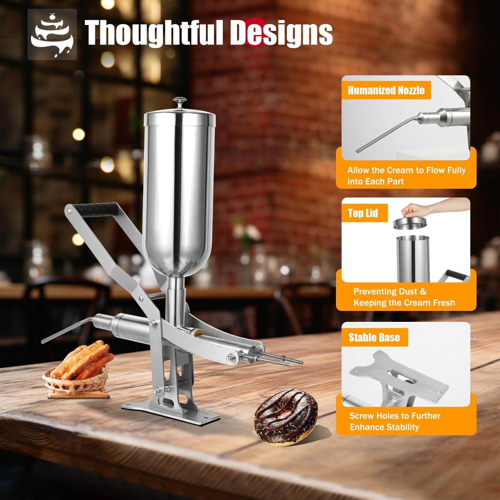 Llenadora manual de churro, máquina de llenado de donas comercial con 3 boquillas antigoteo para gelatina y crema, ideal para uso en cocina y restaurante