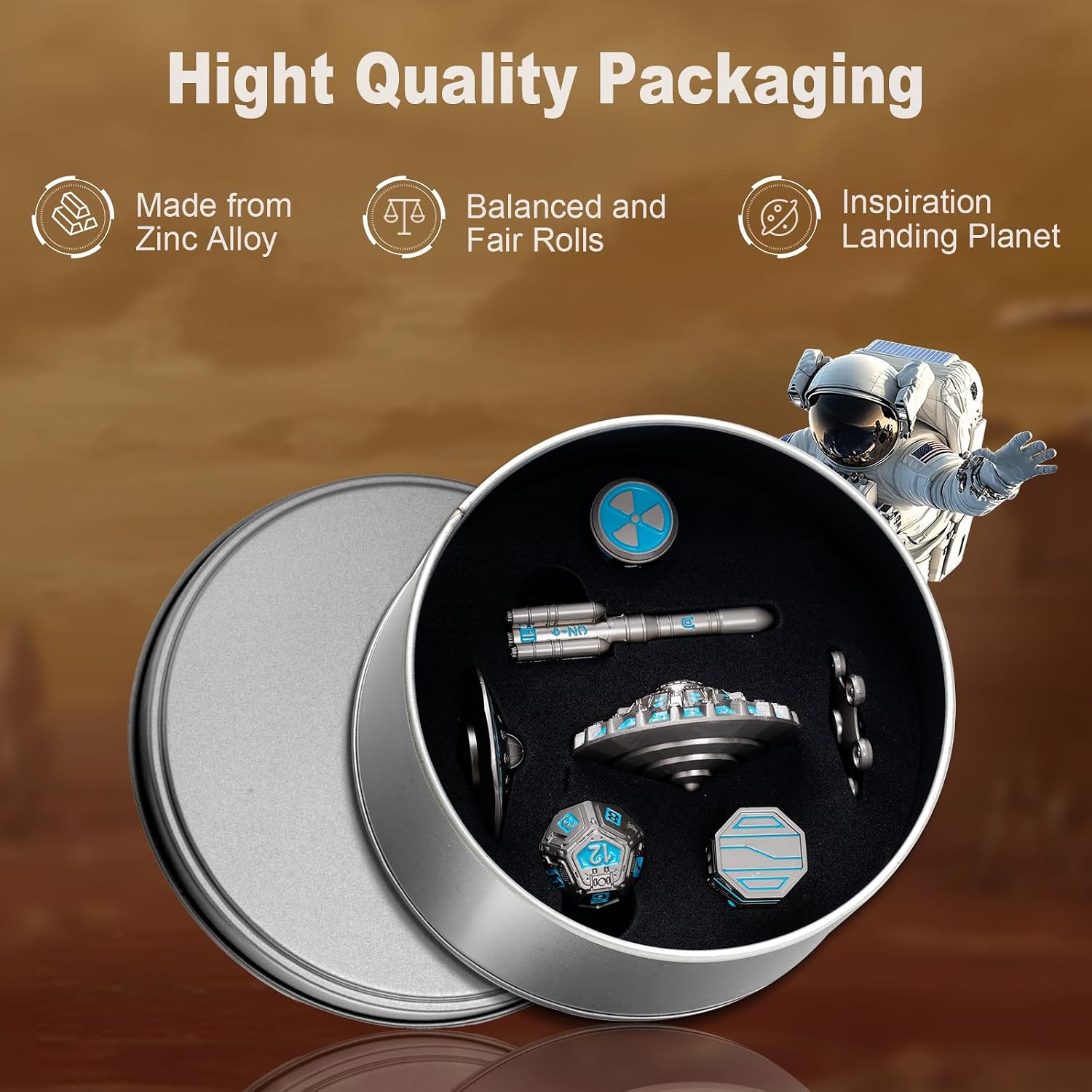Unique Pioneer Dice Zinc Alloy Metal Dice Set 7pcs DND Dice Mars Planet Theme Polyhedral RPG Dice Set for Dungeons and Dragons Tabletop GamingRocket and UFO Design (Silver Titanium Blue)